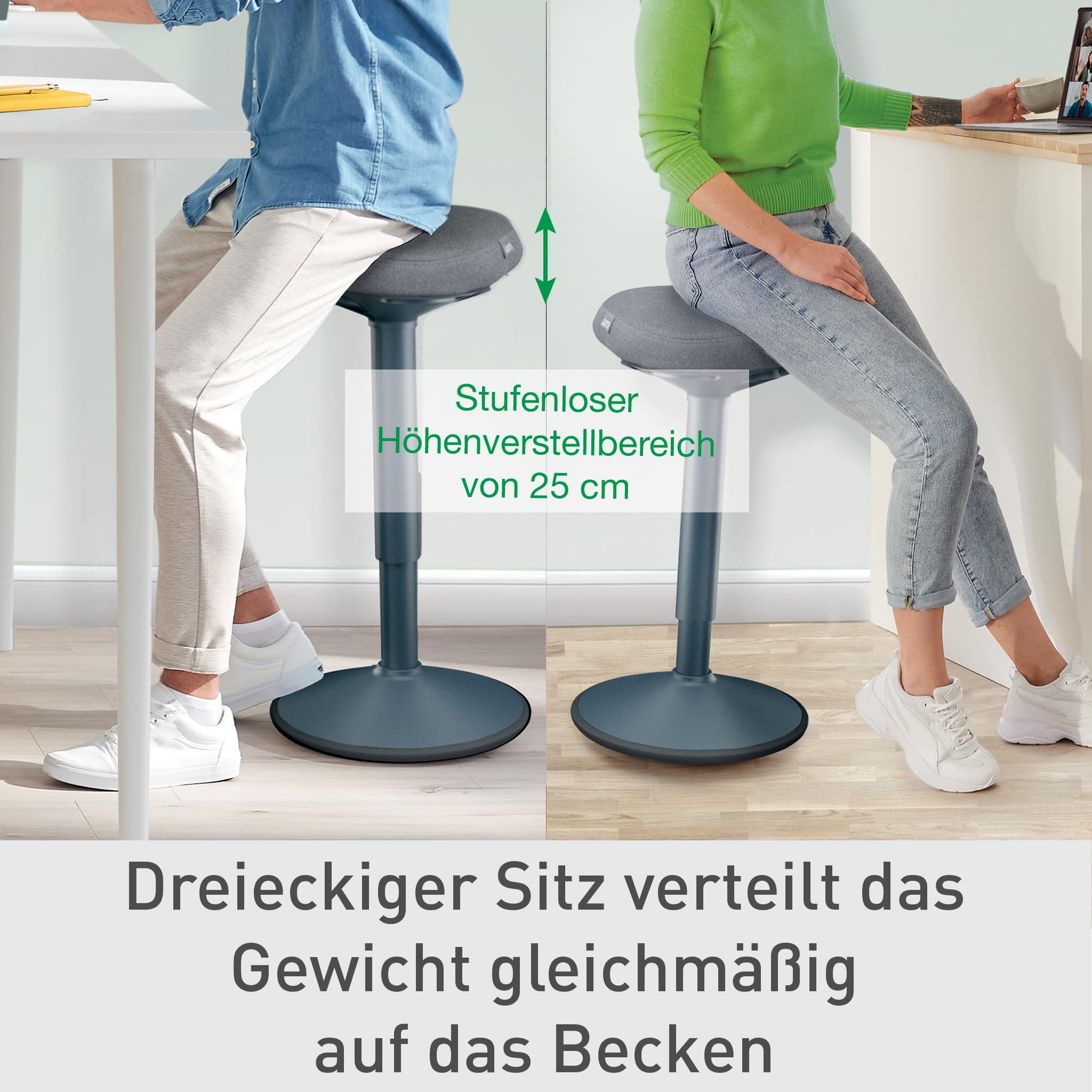 Leitz Ergo Active Stehhocker mit Dual Density Foam Komfortsitz, Bürohocker höhenverstellbar von 57 bis 82 cm, Sitzbezug aus 100% Recycling-Material, Für bis zu 110kg, Ergo-Serie, Dunkelgrau, 65450089