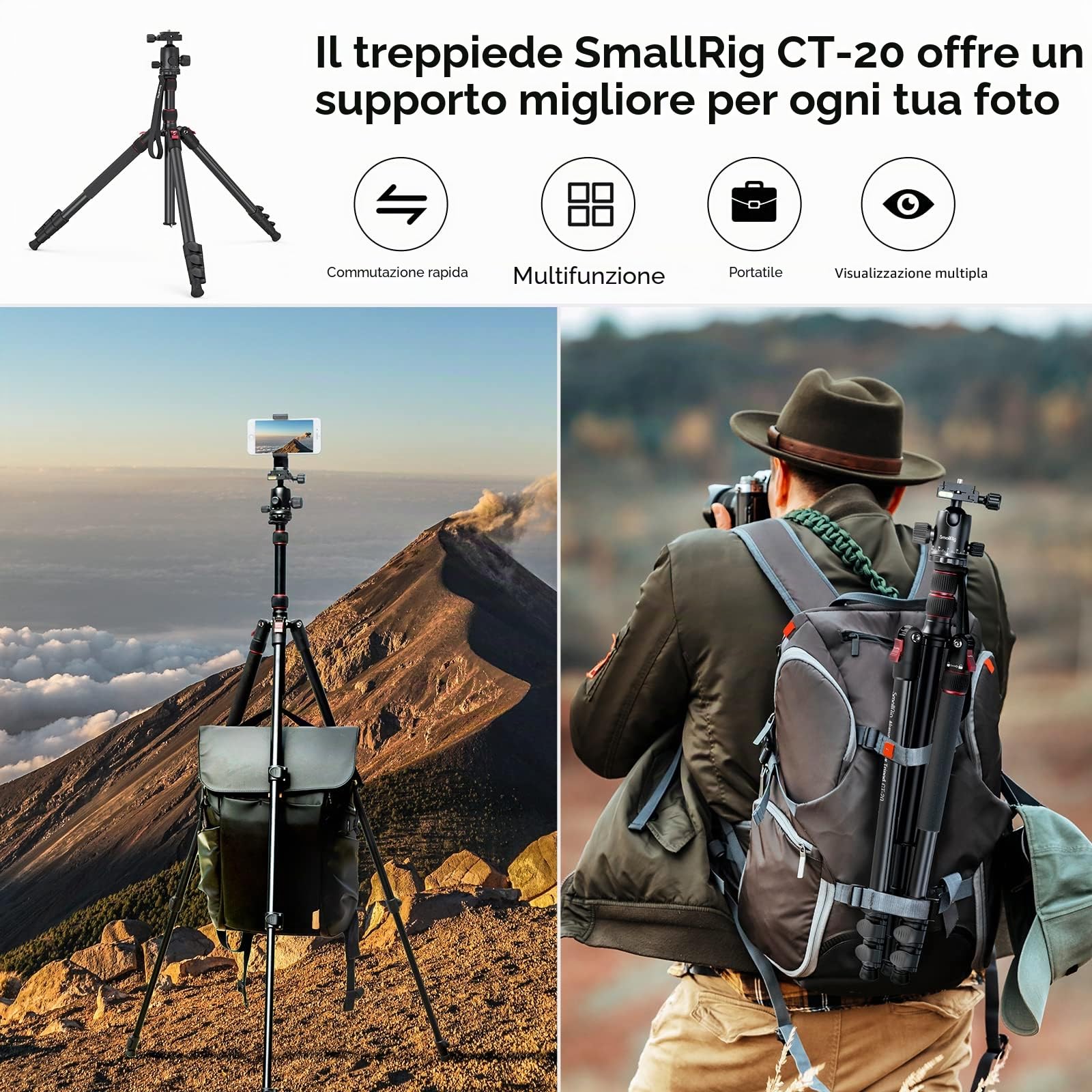 SMALLRIG Treppiede per Fotocamera in Alluminio Leggero da 78" (198 cm), Monopiede Pieghevole per DSLR da Viaggio, Carico Utile Massimo 15 kg (33 Libbre), Altezza da 18,5" a 78" - 3474C