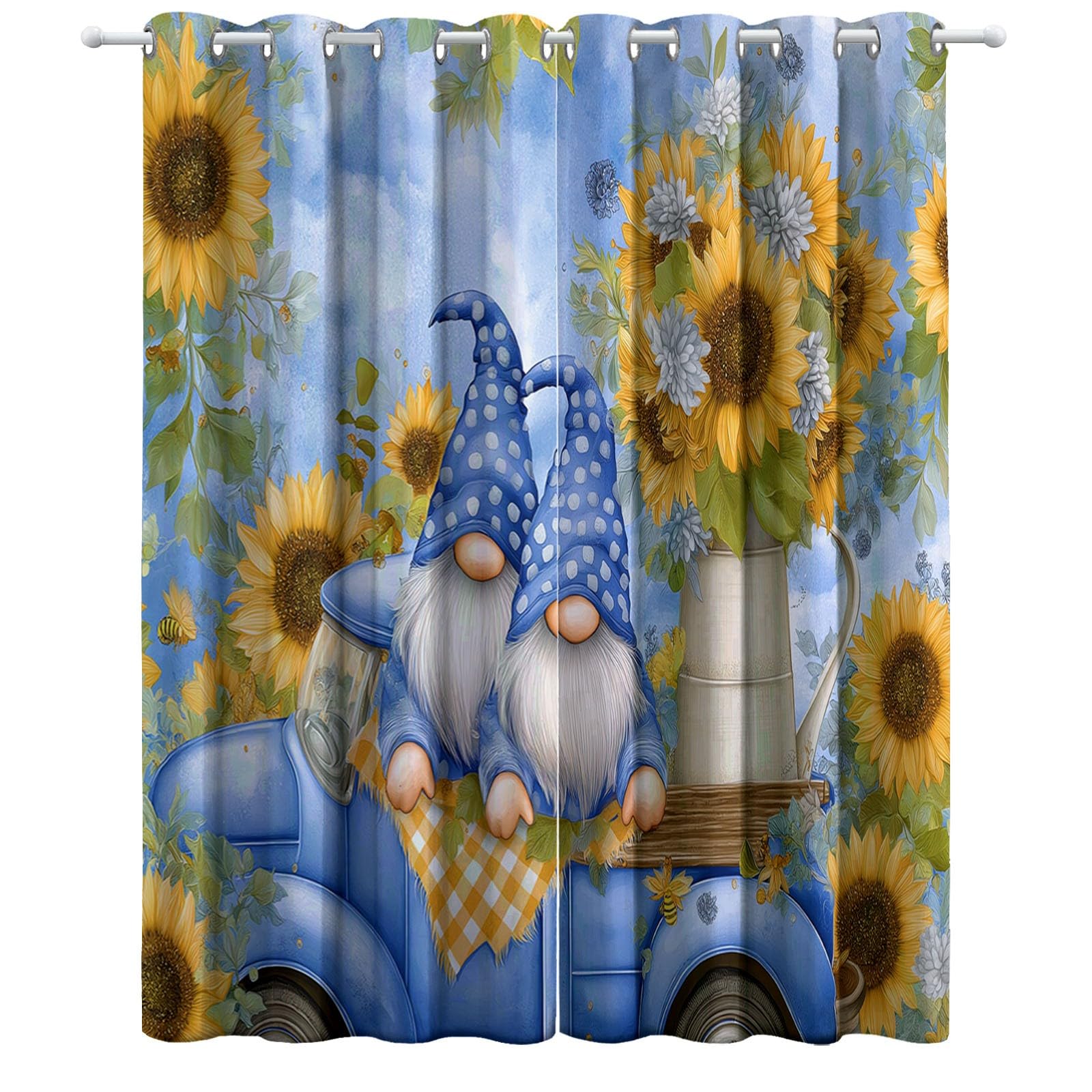Générique Rideaux Occultants Enfant Nains Tournesols 110 x 215 cm (L x H), Isolation Phonique à Œillets Camions Abeilles, pour Chambre Garçon (2 Panneaux) Bleu Clair