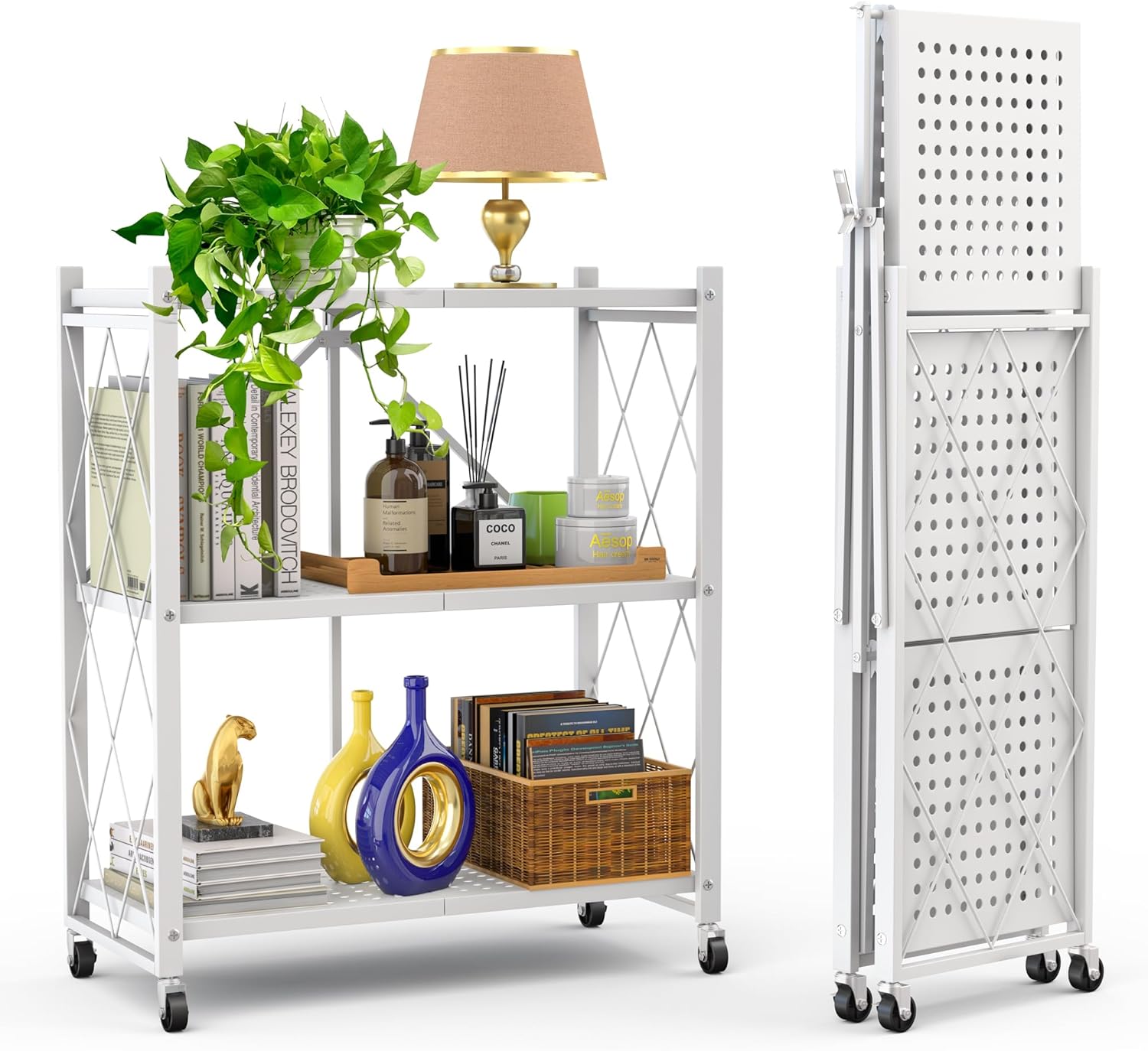 5-Tier Foldable Storage Shelf with Wheels | Metal Rack Collapsible Shelving Display | Rolling Cart for Books Kitchen Storage Shelves | Pantry & Closet Organizer | Office Room Decor