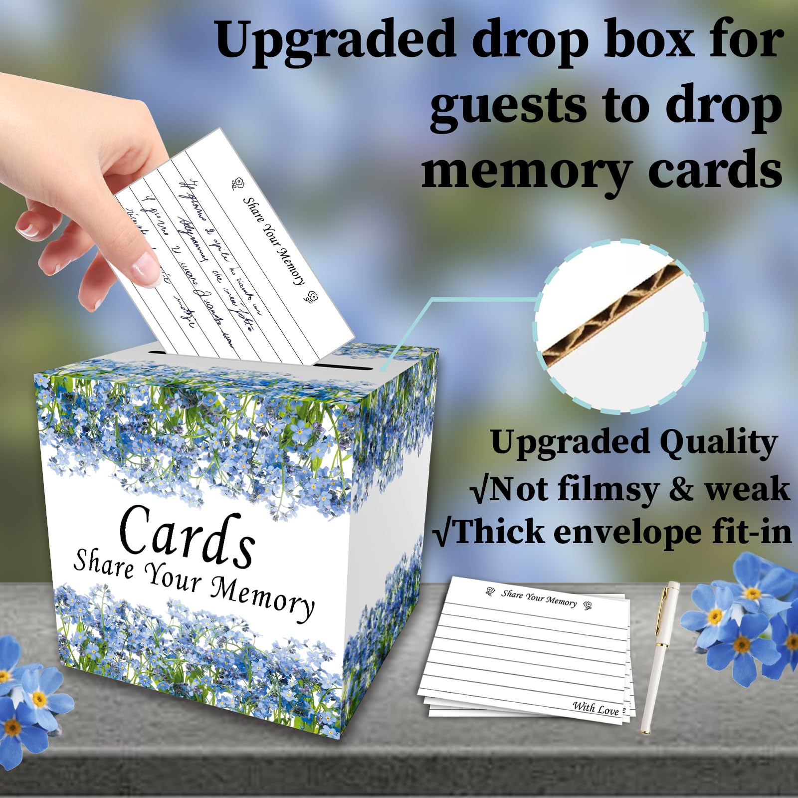 uhearem Funeral Guest Book Set, Celebration of Life Guest Book, Memorial Guest Book, Incldes 60 Memory Cards, 2 Pens, 1 Table Sign, 1 Card Box (White)