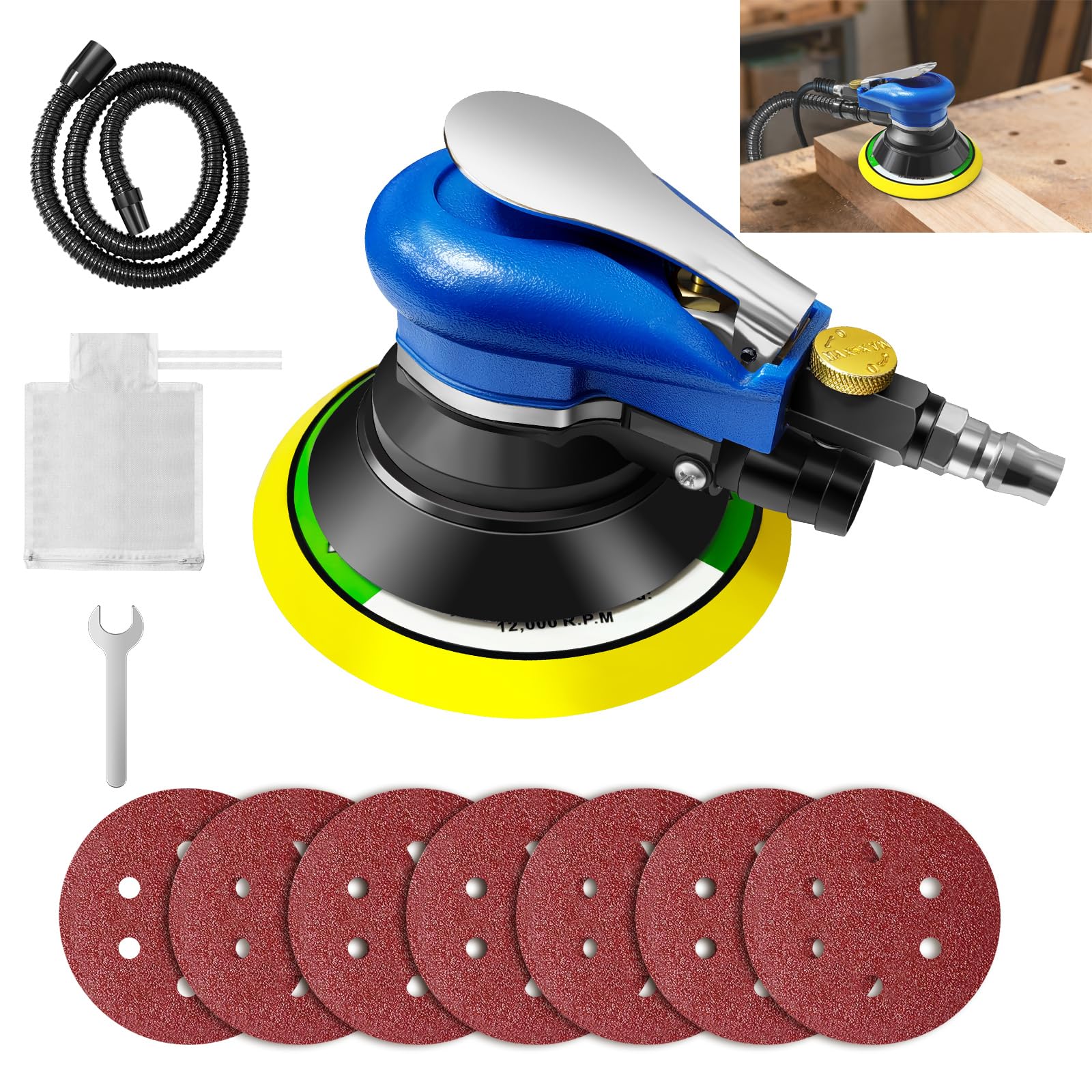 Air Random Orbital Sander 6" Dual Action Pneumatic Palm Sander Air Orbit Polisher with Speed Regulation,Dust Collection Hose & Bag and Sandpapers,Fit for Woodworking/Sanding