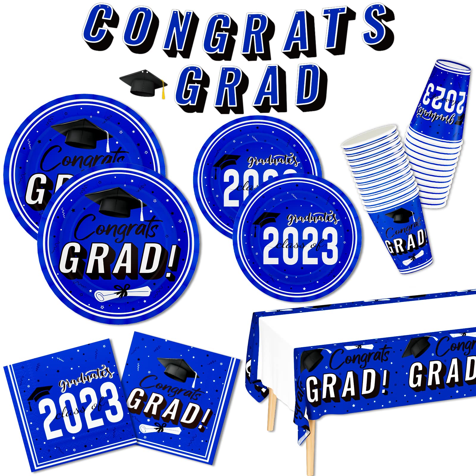 DYLIVeS Graduation Party Decorations Class of 2023, Royal Blue Graduation Paper Plates and Napkins Cups Tablecloth Banner Disposable Tableware Set Congrats Grad Party Supplies Favors, Serves 24