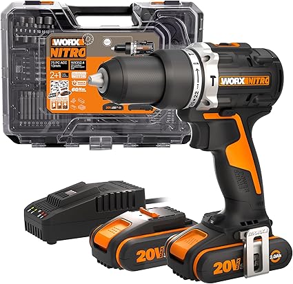 WORX NITRO 18 V (20 V MAX) Cordless Impact Drill WX352.4 Power Share Brushless Battery 60 Nm Speed Dimmer LED Lighting 2 x 2.0 Ah Batteries Included