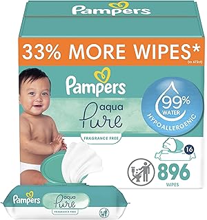 Baby Wipes Aqua Pure, 99% Water Based Wipes, Hypoallergenic and Unscented Infant Wipe, 896 Total (16 Flip-Top Packs)