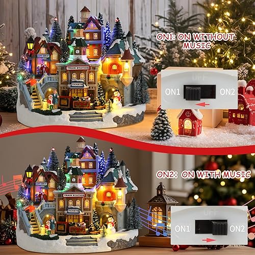 Miniatura 4 de Bdor Pueblo iluminado de Navidad con tren giratorio, 12.2 x 11 x 11 pulgadas, decoración navideña enchufable con música, centro de mesa musical LED