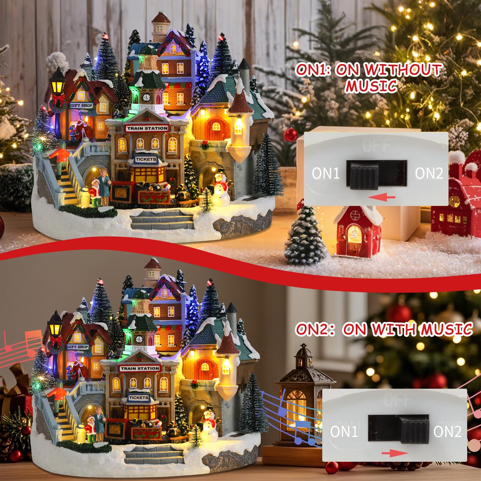 Bdor Pueblo iluminado de Navidad con tren giratorio, 12.2 x 11 x 11 pulgadas, decoración navideña enchufable con música, centro de mesa musical LED festivo para mesa, hogar, tienda de regalos