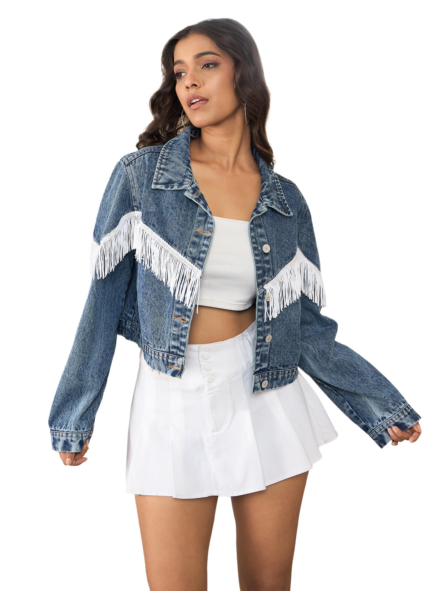 stylestone Women's Denim Crop Jacket with Color Blocking patchwork detail-picture-20