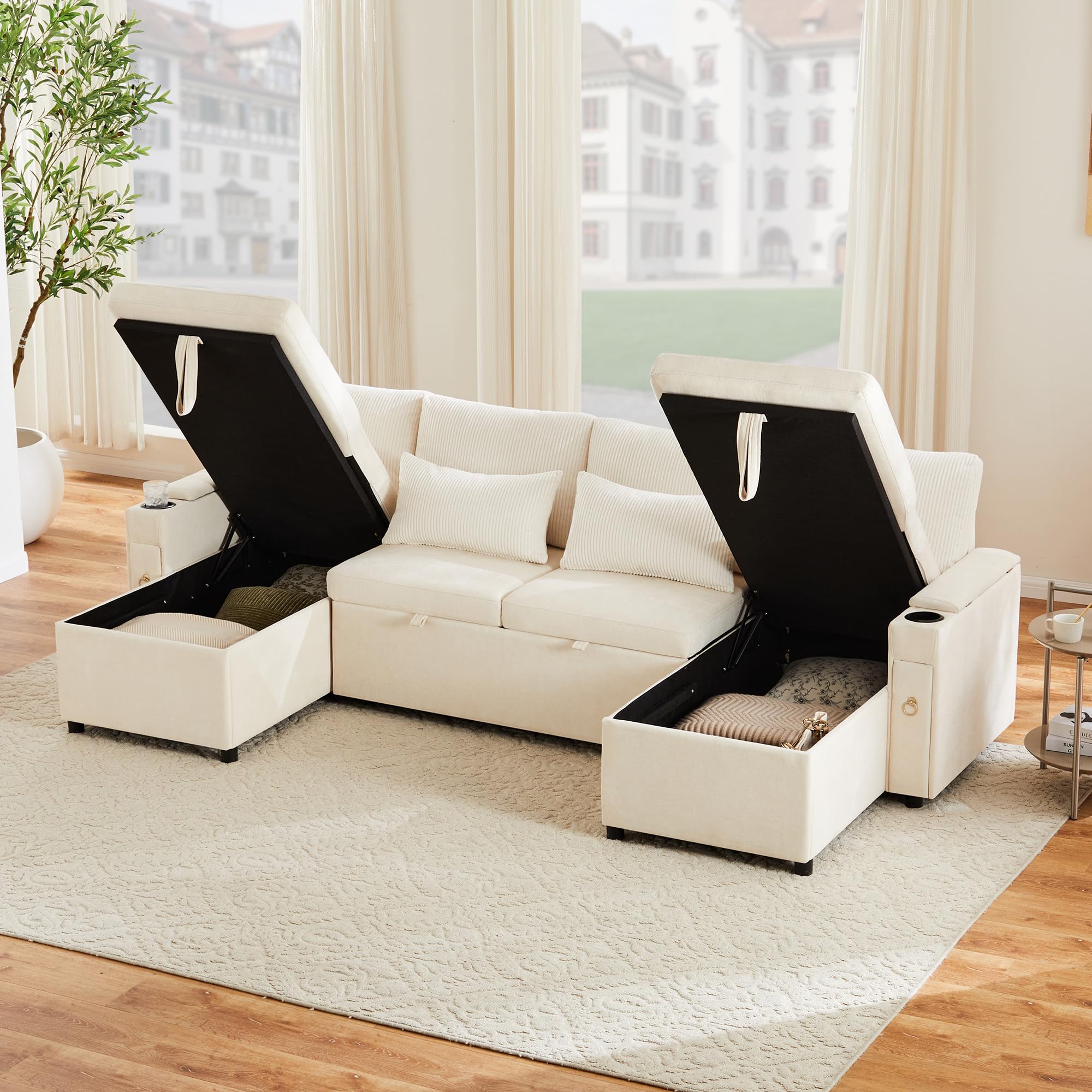 Sofá de esquina en forma de U de terciopelo acanalado con cama para invitados extraíble, sofá moderno de 4 plazas con compartimento de almacenamiento, portavasos y función de cama, asiento tipo chaise