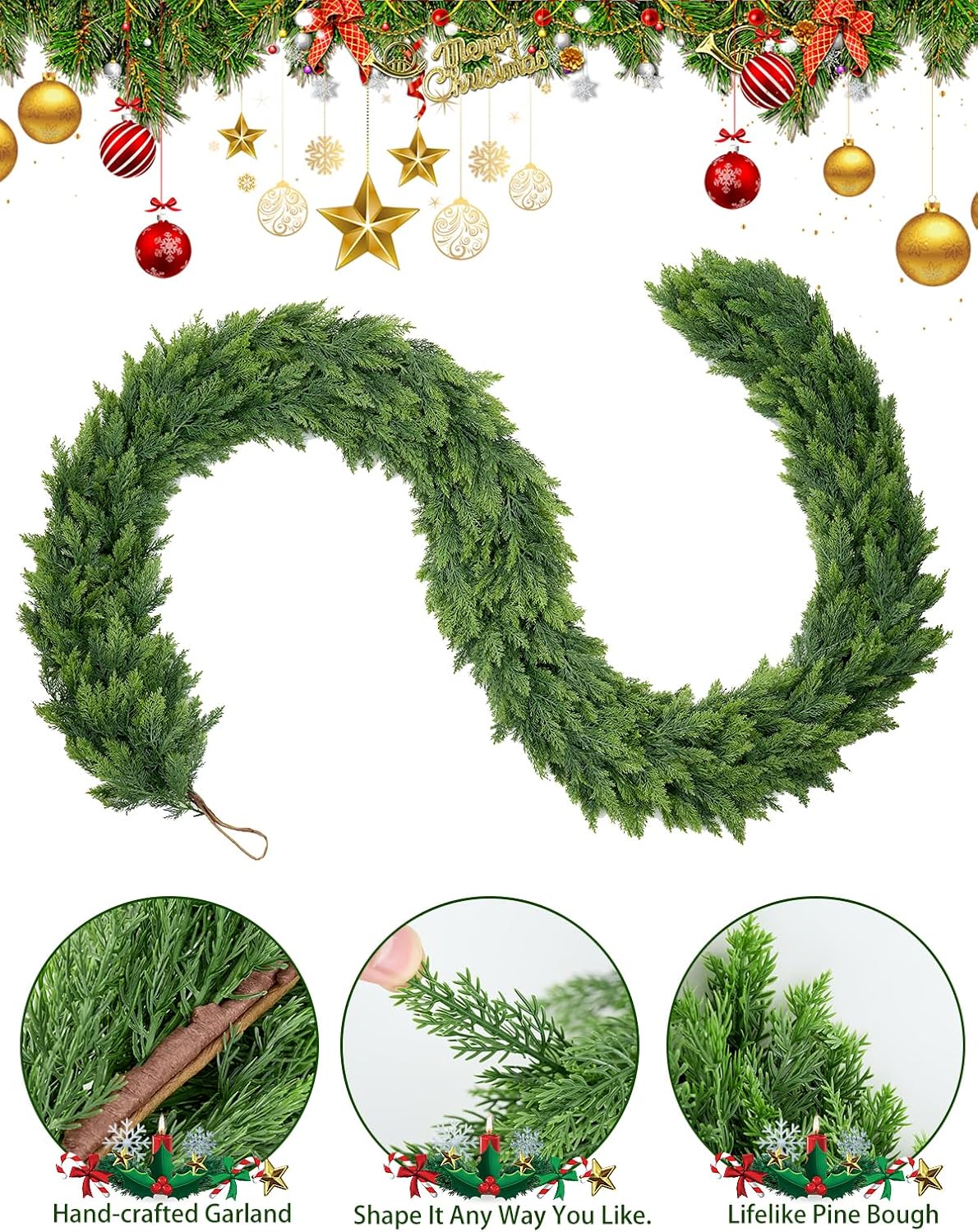 Real Touch Christmas Cedar Garland - Artificial Christmas Garlands Faux Pine Garland for Fireplace,Table, Stairs, Mantle, Window,Indoor Outdoor,Home,Holiday Decor(1 PCS,9 FT)