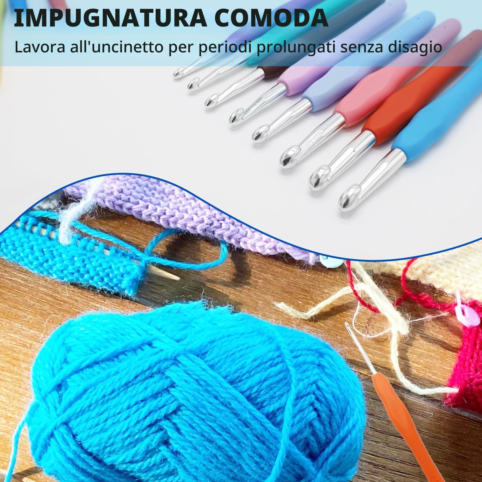 Set di 14 ganci per maglieria ergonomici in gomma a presa morbida, multicolore, alluminio, 2-10 mm