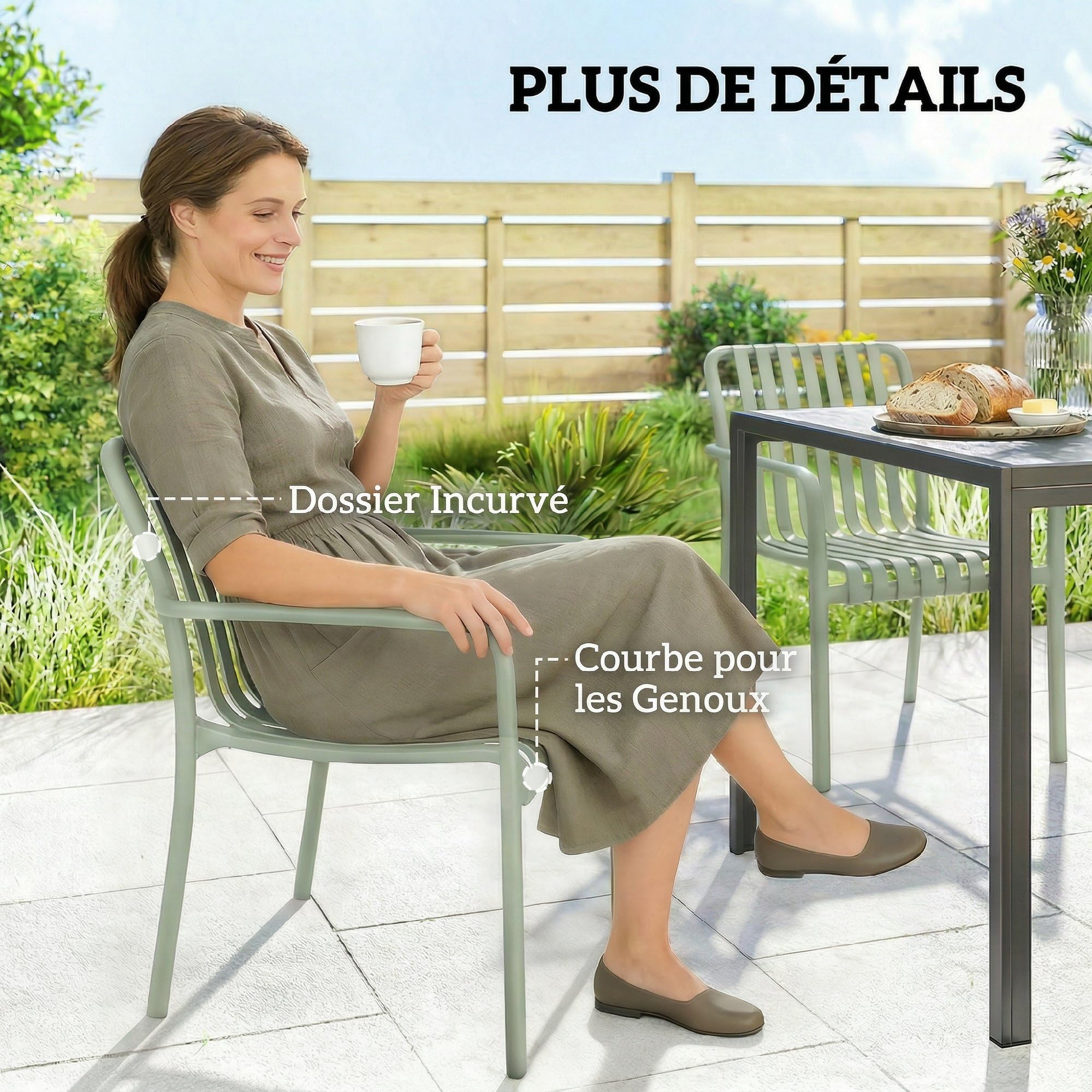 Outsunny Lot de 4 Chaises de Jardin Empilables en Polypropylène Anti-UV - Fauteuil de Terrasse avec Accoudoirs et Dossier à Lattes Ergonomique - Chaises de Salle à Manger Extérieures, Gris Vert