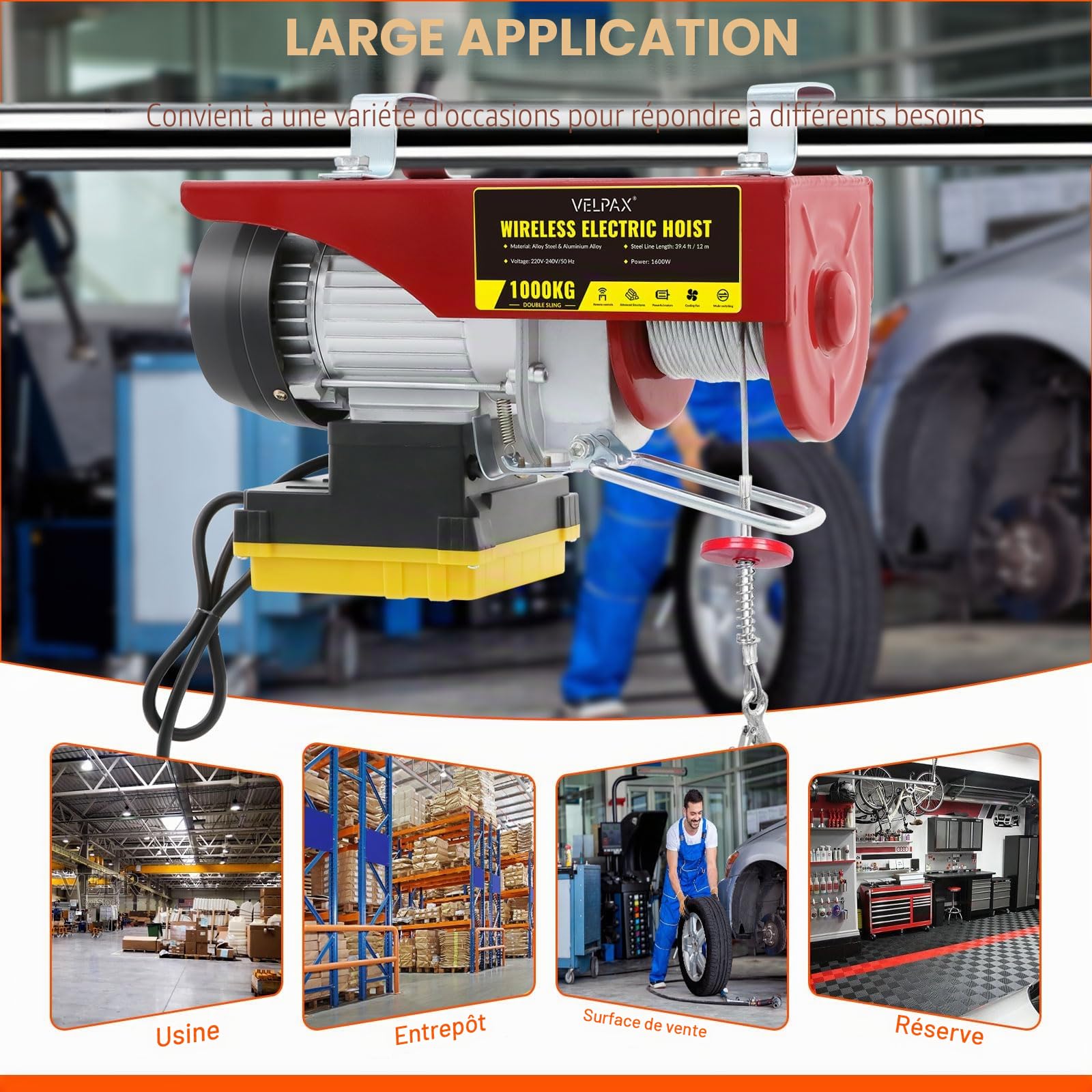 Treuil Électrique, Capacité de Levage de 1000 kg, Treuil de 12 m, Treuil Électrique 1600 W, Vitesse de Levage de 10 m/min, Avec Télécommande Radio Treuil à Câble Avec Poulies et Câble en Acier Tressé