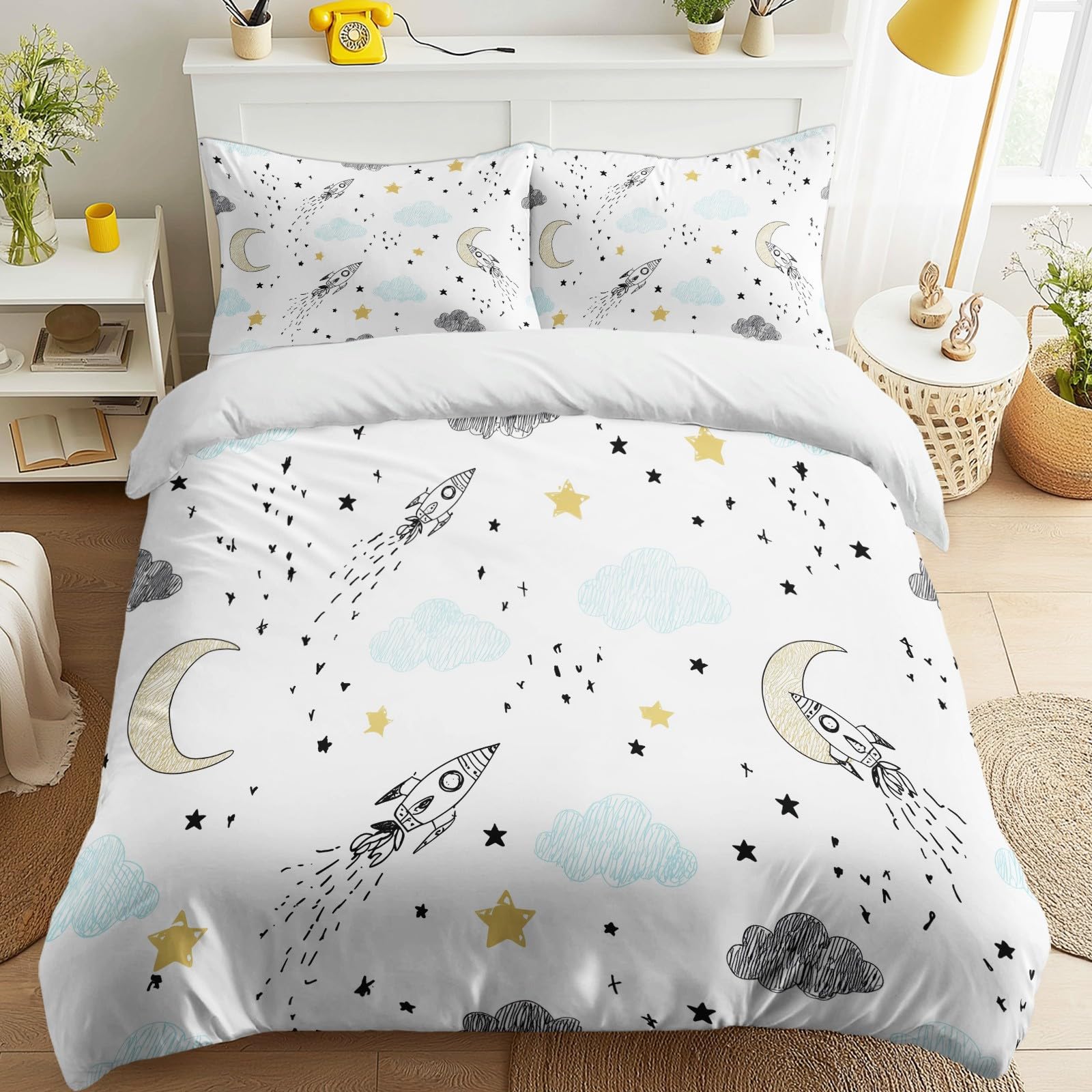 Housse de couette espace 220x240 cm avec taies parure de lit cartoon fusée