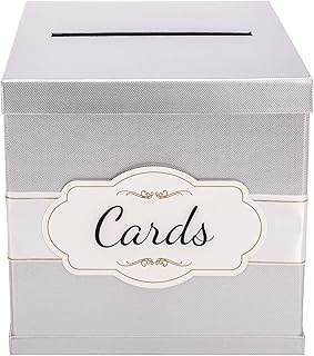 Merry Expressions - Silver Gift Card Box - Elegant White Satin Ribbon & Cards Label - 10x10x10 Large