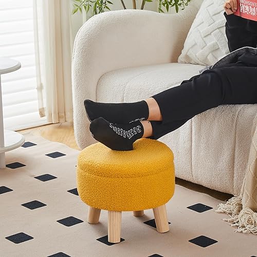 Miniatura 7 de Wimarsbon Otomana de almacenamiento, moderno reposapiés redondo con asiento acolchado suave, reposapiés de terciopelo de peluche con patas de