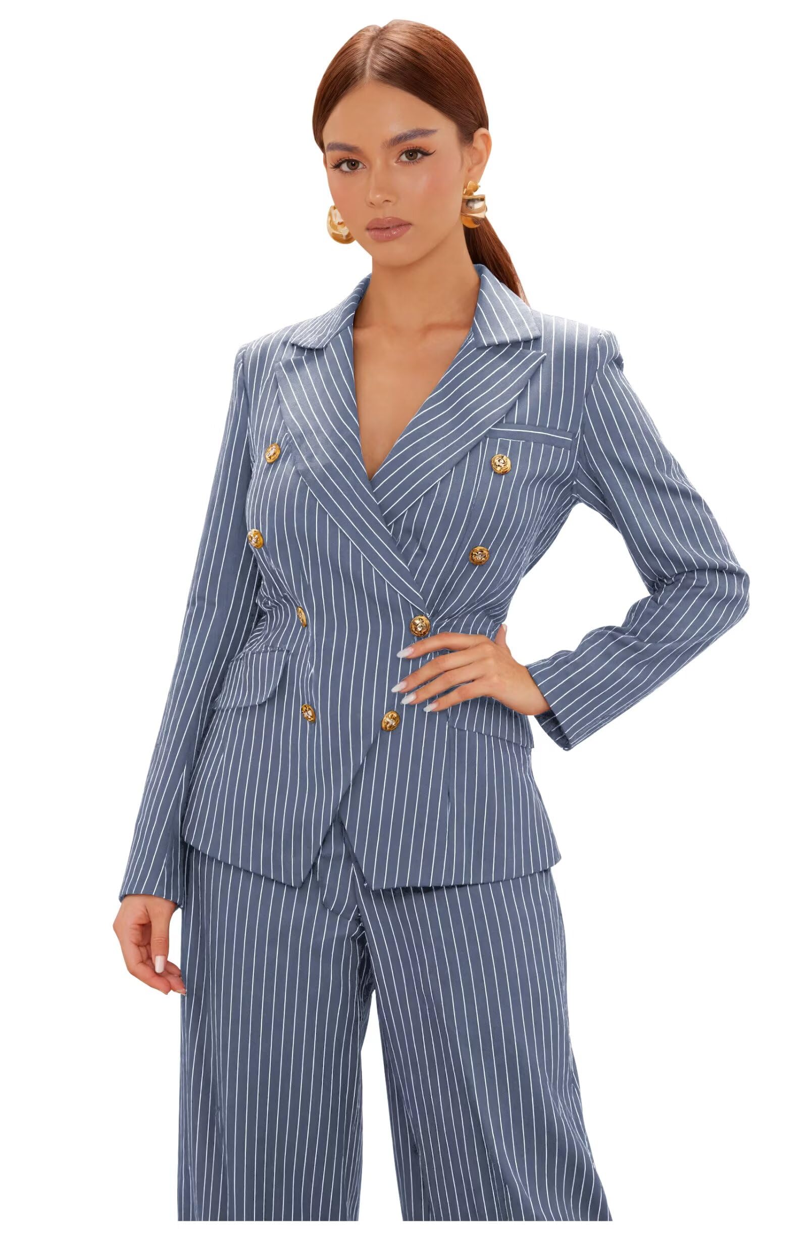 Pinstripe Pant Suits for Women 2 Piece Double Breasted Womens Suit Dressy Tuxedo for Work Professional