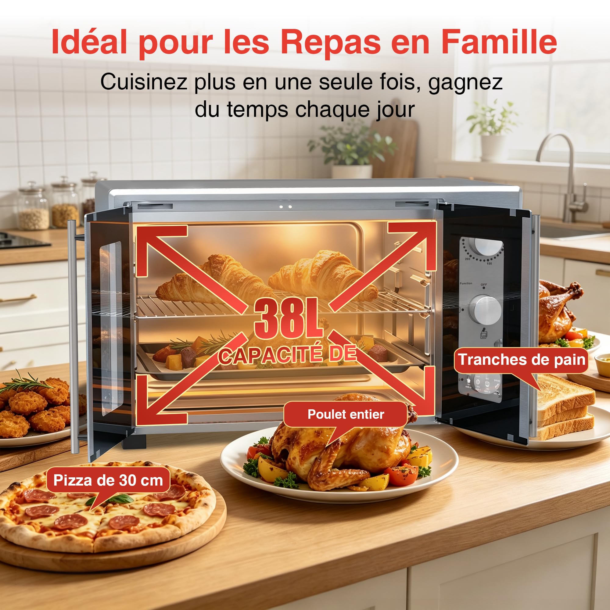 Mini Four Électrique 38L, Four Posable Double Porte 1600W | 3 Modes de Chauffage, Thermostat Réglable 250°C, Minuteur 60 min, Four à Pizza pour Pâtisserie, Poulet Rôti, Repas Familiaux