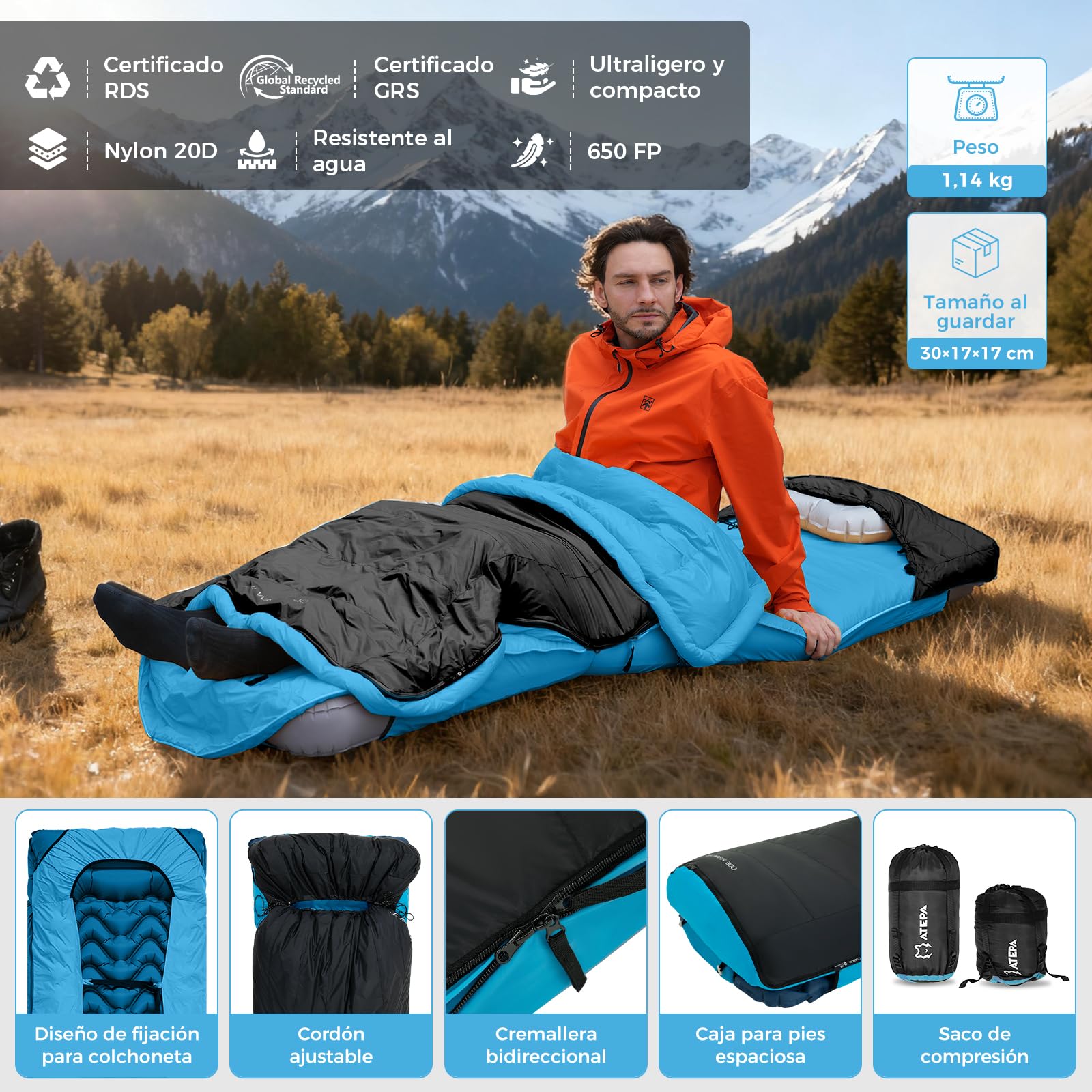ATEPA Sacos de dormir de plumón, saco de dormir exterior para calor e impermeable, 3 en 1 adecuados para 3 estaciones, ideal para adultos en viajes, camping, se puede combinar con una colchoneta