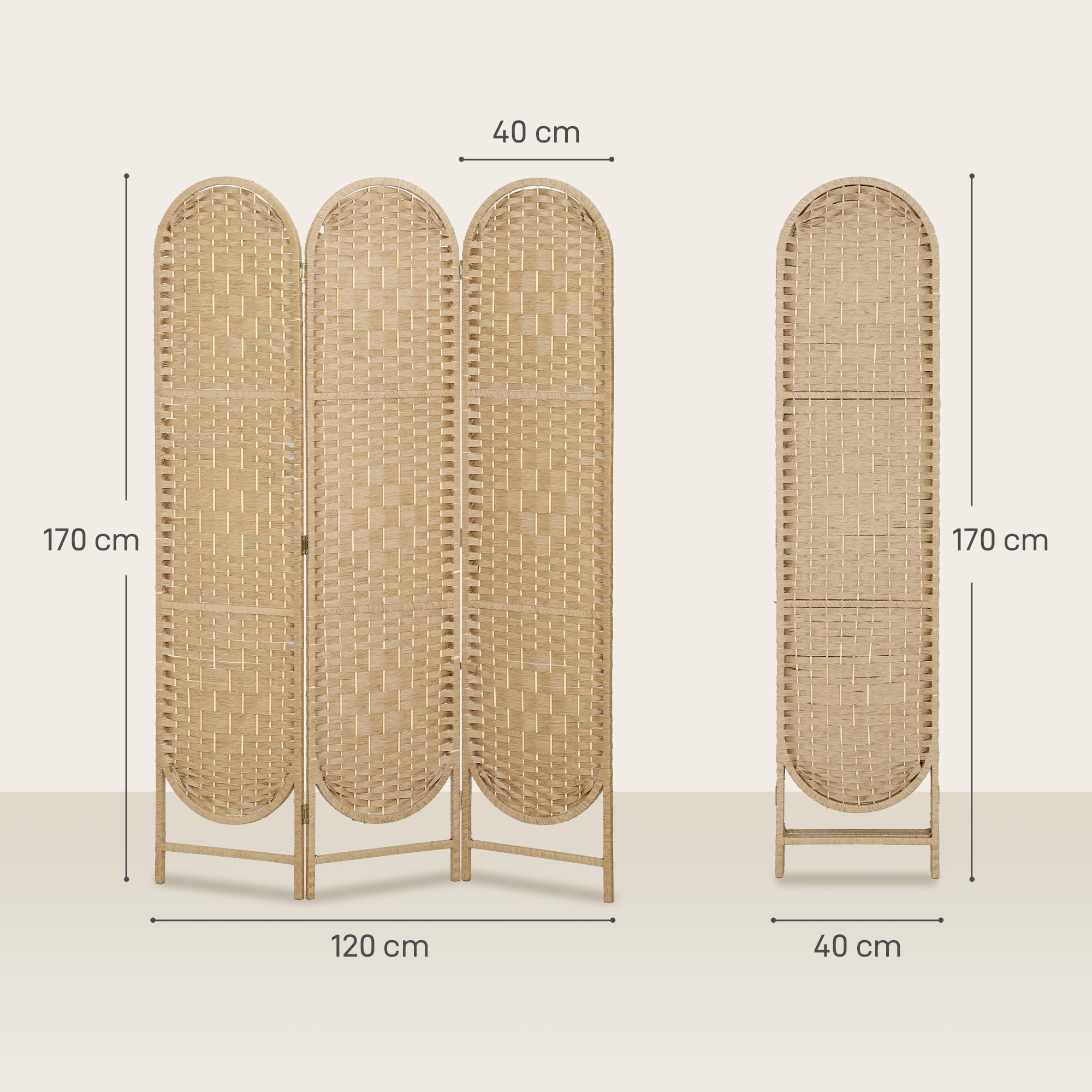 HOMCOM Biombo Separador de Ambientes de 3 Paneles, 120x170 cm, Pantalla de Privacidad Plegable Bohemio, con Parte Superior Arqueada, Tejido a Mano, Divisor Ligero para Oficina, Dormitorio, Natural