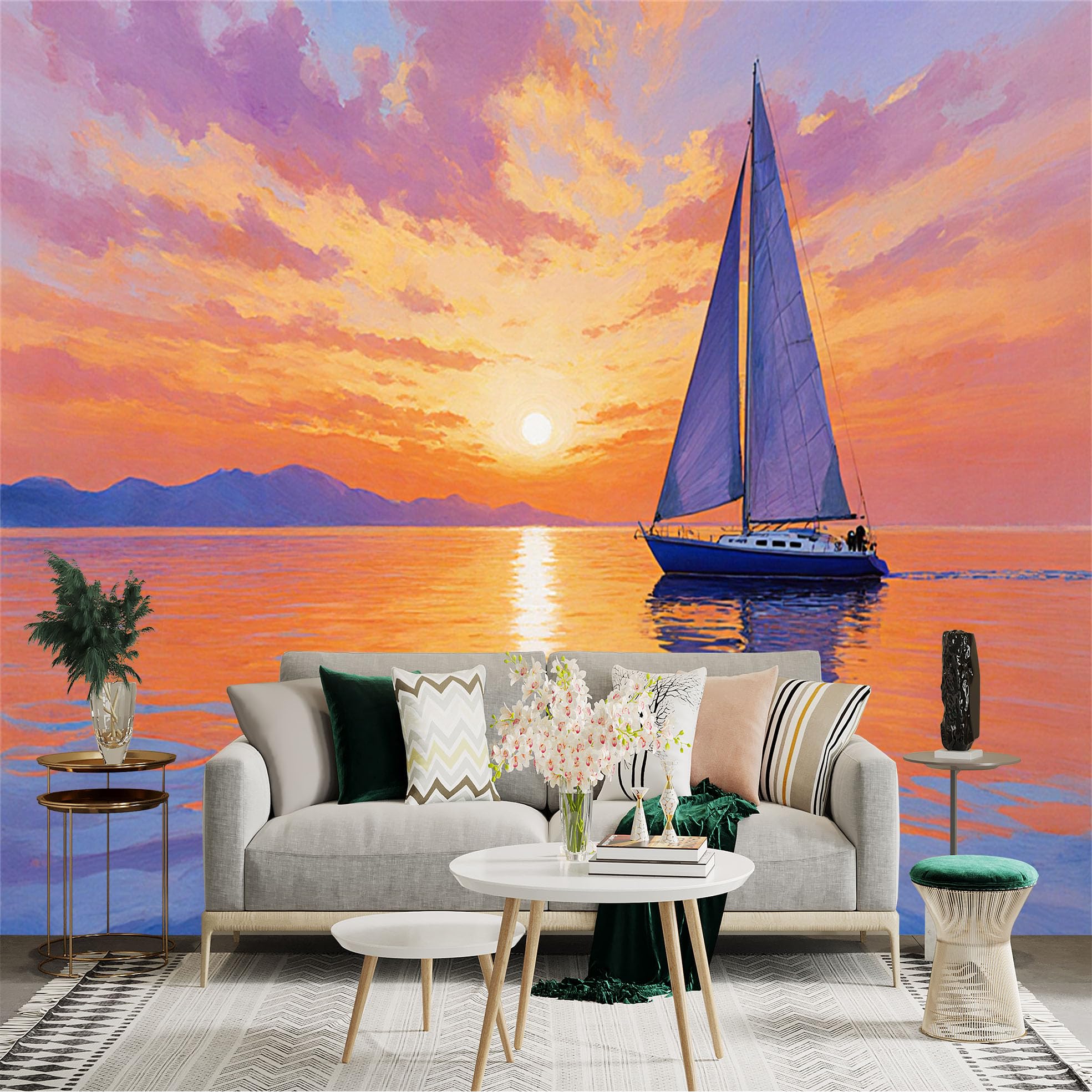 Lnzczhyre Xc260505670 Custom Size Wall Sticker Mural， Sailboat At Sunset， Golden Sea Horizon， Tranquil Ocean Scenery， Vibrant Clouds， For Wall Decoration， Peelandstick Wall Decals.