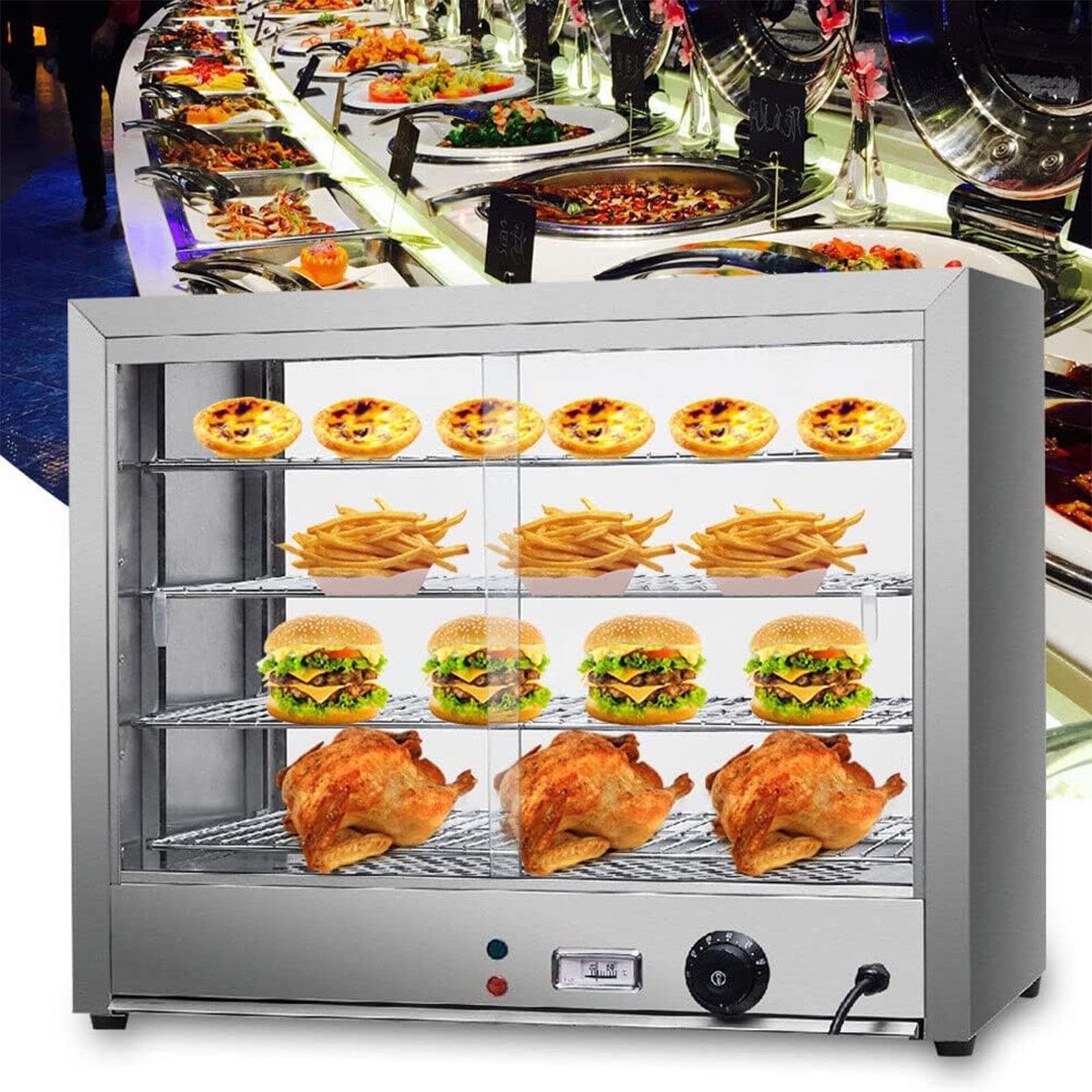 Komercyjny podgrzewacz do żywności, 4-poziomowy grzejnik do pizzy, 800 W z pokrętłem regulacji temperatury i wskaźnikiem, idealny do restauracji i gastronomii