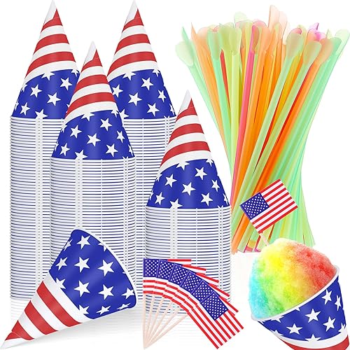 Vasos desechables para cono de nieve y pajitas de cuchara, bandera de Estados Unidos, a prueba de fugas, para granizado, helado, sorbete de agua,