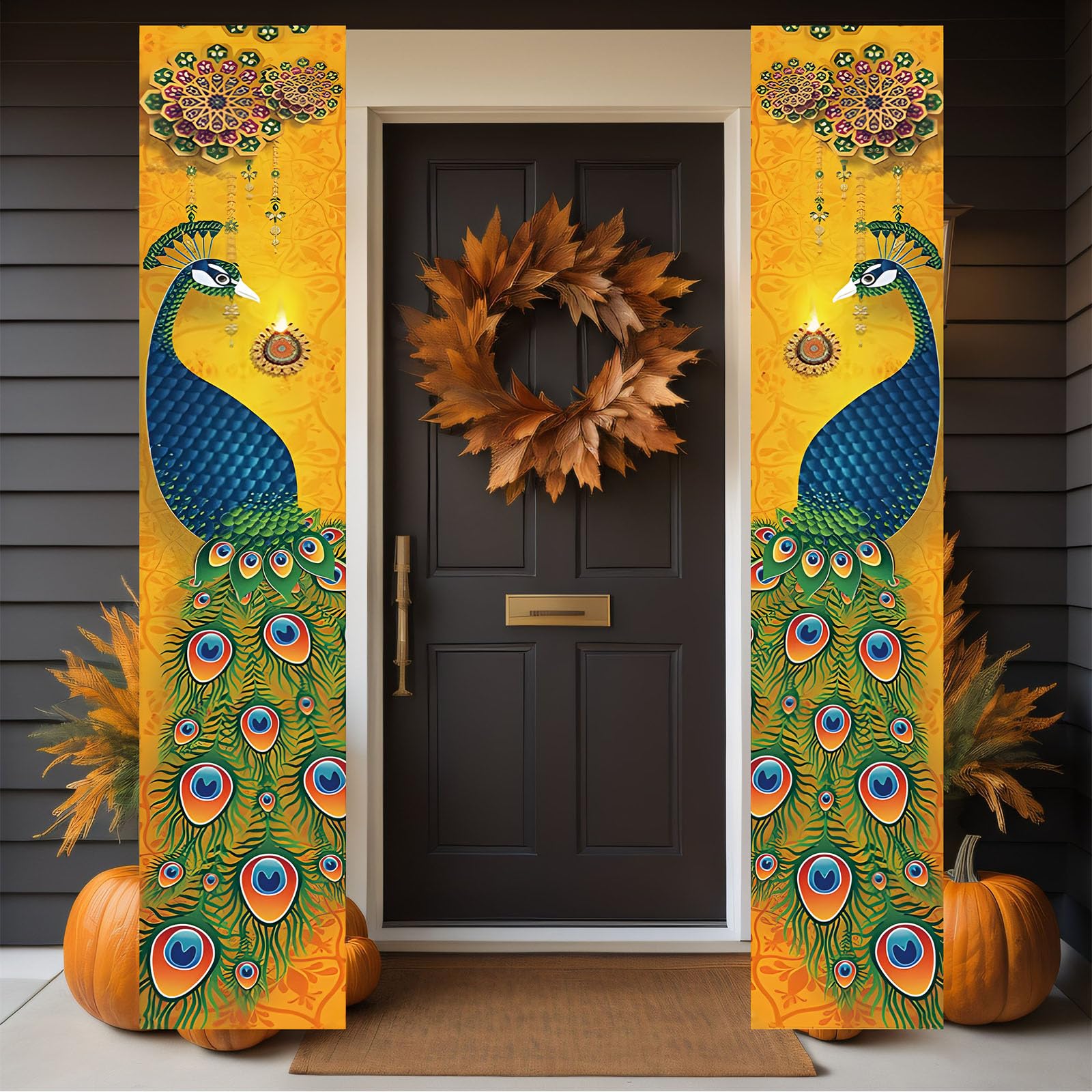Happy Diwali Porch Banner Indian Diwali Peacock Front Porch Welcome Sign, Festival of Lights Deepavali Hanging Decoration Party Supplies for Indoor Outdoor Garden Yard Party Home Decor