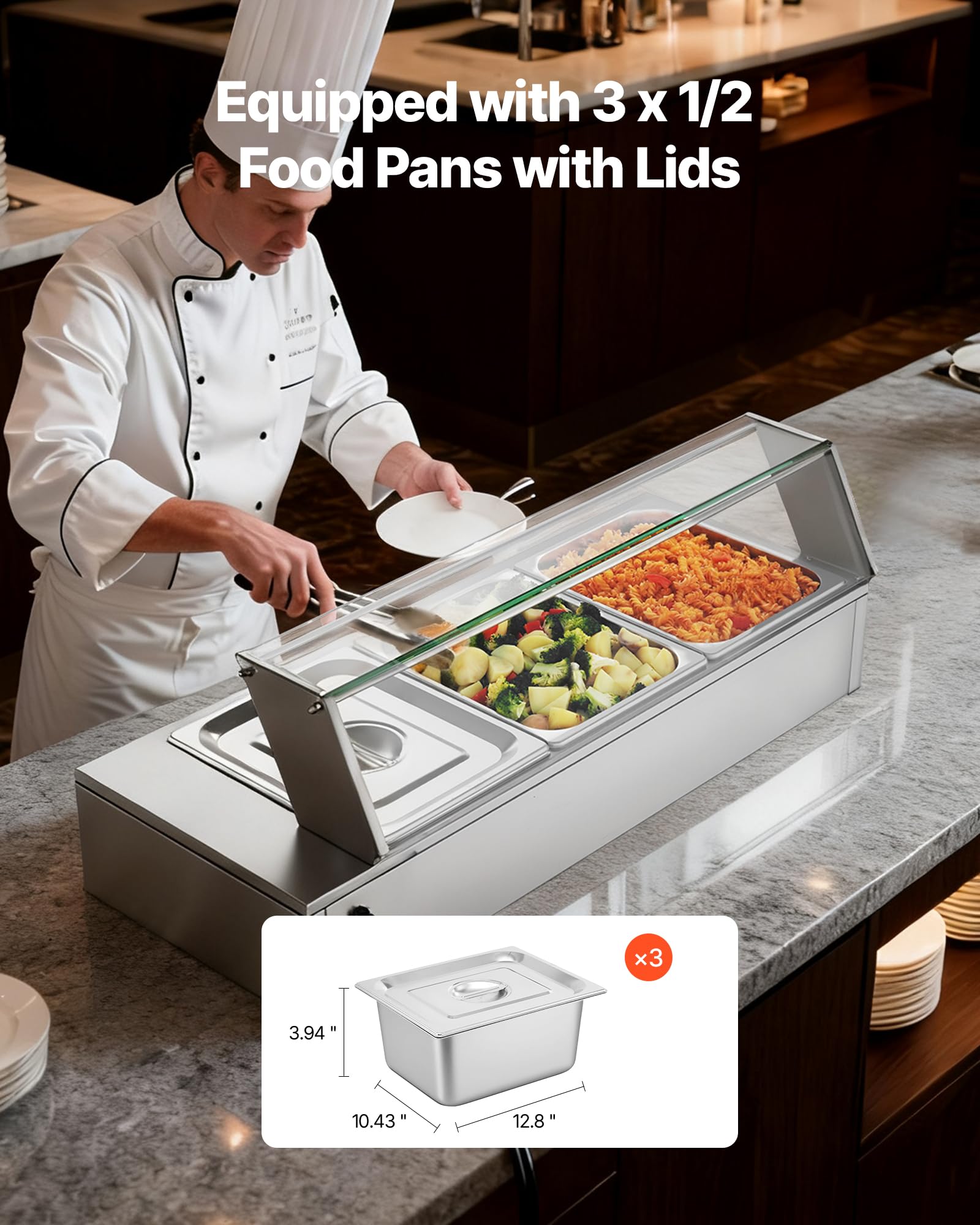VEVOR Scaldavivande Commerciale con Coperchio in Vetro e 3 Contenitori Scaldavivande da 1500 W in Acciaio Inossidabile, Contenitori per Buffet, per Alimenti a Bagnomaria per Ristoranti, Feste