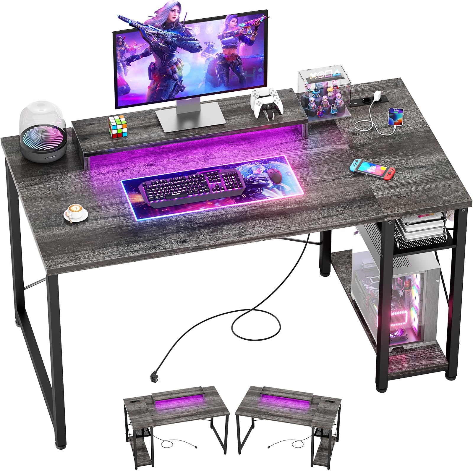iSunirm Gaming Schreibtisch 100x50cm Grau-Eiche mit LED & 2 Steckdosen + 2 USB, Computertisch mit Monitorständer, Wendbarer Kleiner Tisch für Homeoffice & Gaming Room
