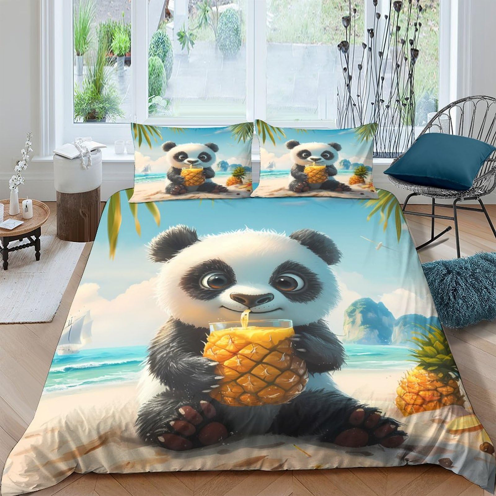 GPLZQXKJNH 3D Printed Beach Panda Duvet Cover Microfiber Soft Breathable Pineapple Quilt Cover Set with 2 Pillowcases for Bedroom Decor Single（135x200cm）