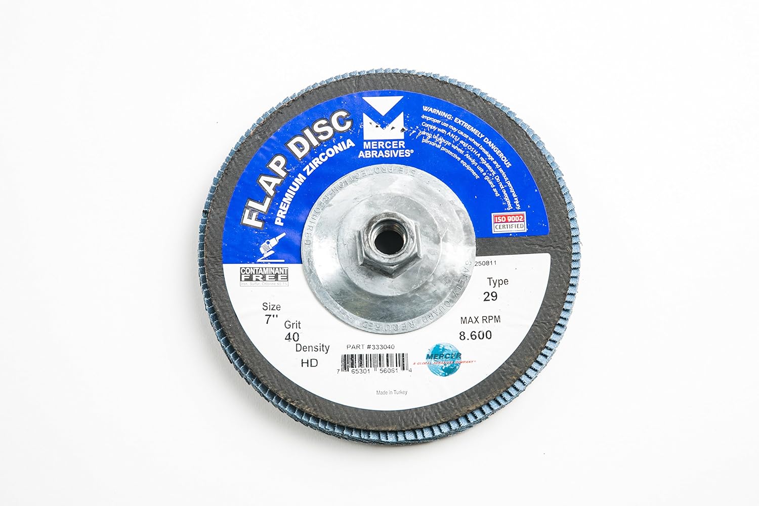 Mercer Industries 333H040 Zirconia Flap Disc, High Density, Type 29, 7 x 5/8-11, Grit 40, 10 Pack