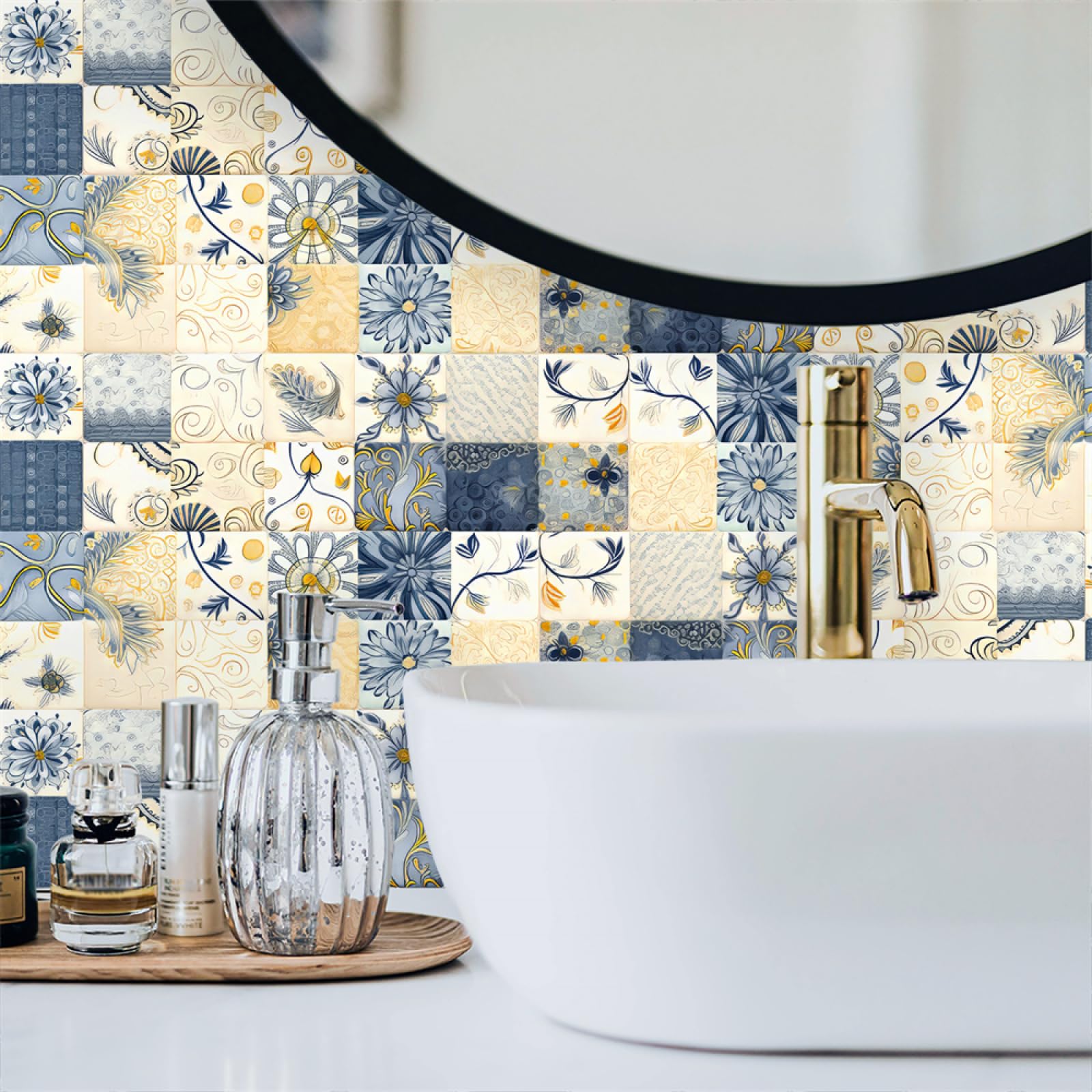 Tile Decals, Blue Flowers Tile Stickers Transfers,Peel and Stick Wall Self Adhesive Vinyl Home Decor(30x240cmx2pcs)
