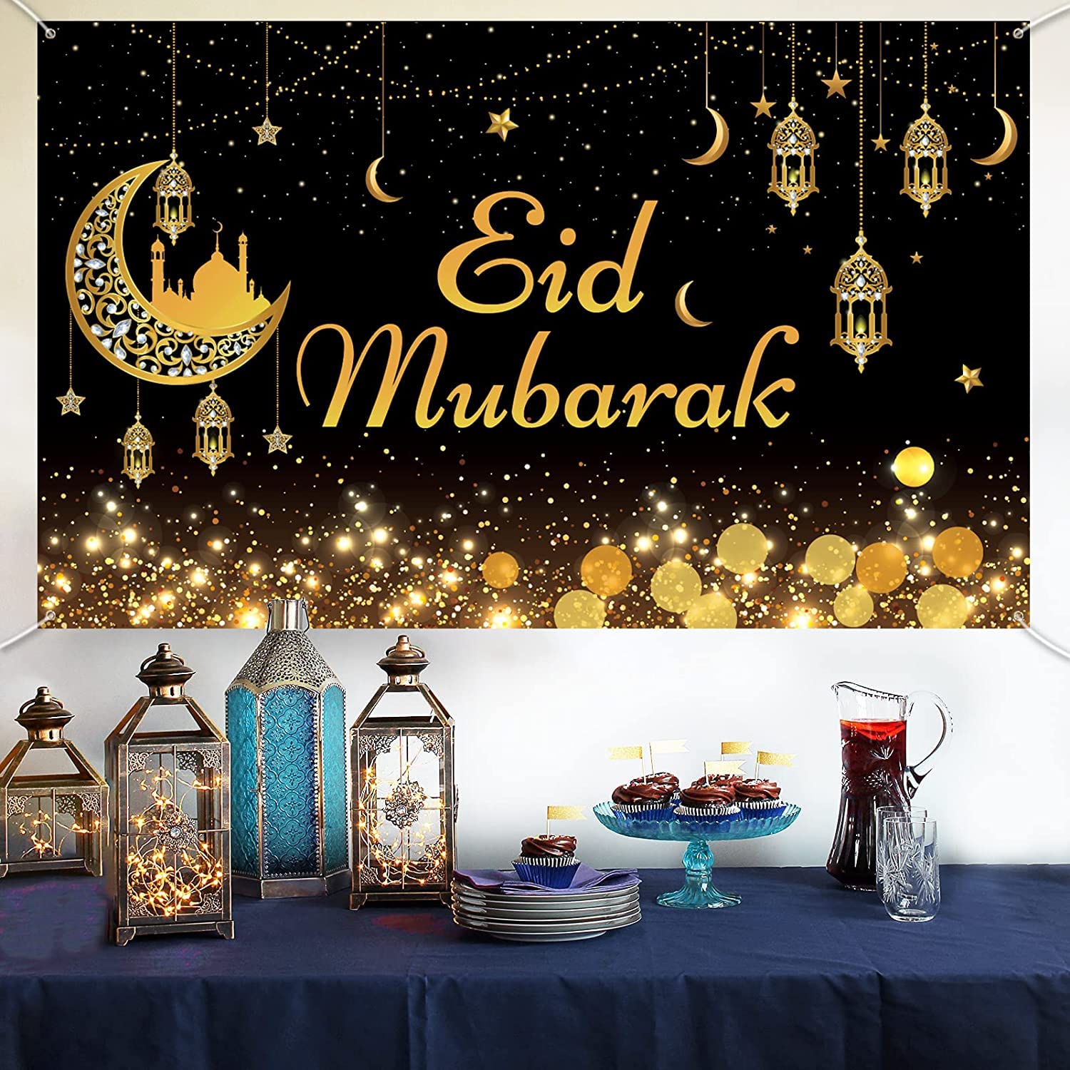 Eid Mubarak Banner Decorations, Black Gold Ramadan Mubarak Backdrop Banner, Large Fabric Ramadan Mubarak Sign Banner Muslim Festival Party Photography Wall Background for Outdoor Indoor, 185 x 110cm