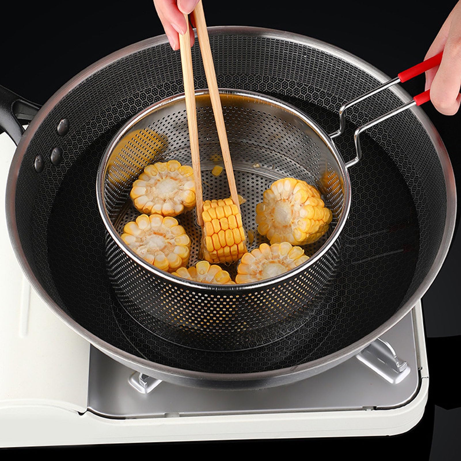 Cestello Per Friggere, Cestello Per Friggere in Filo Tondo Cestello Per Friggere in Acciaio Inossidabile Cucina con Manico Colino da Cucina Colino Per Patatine Fritte(16CM)