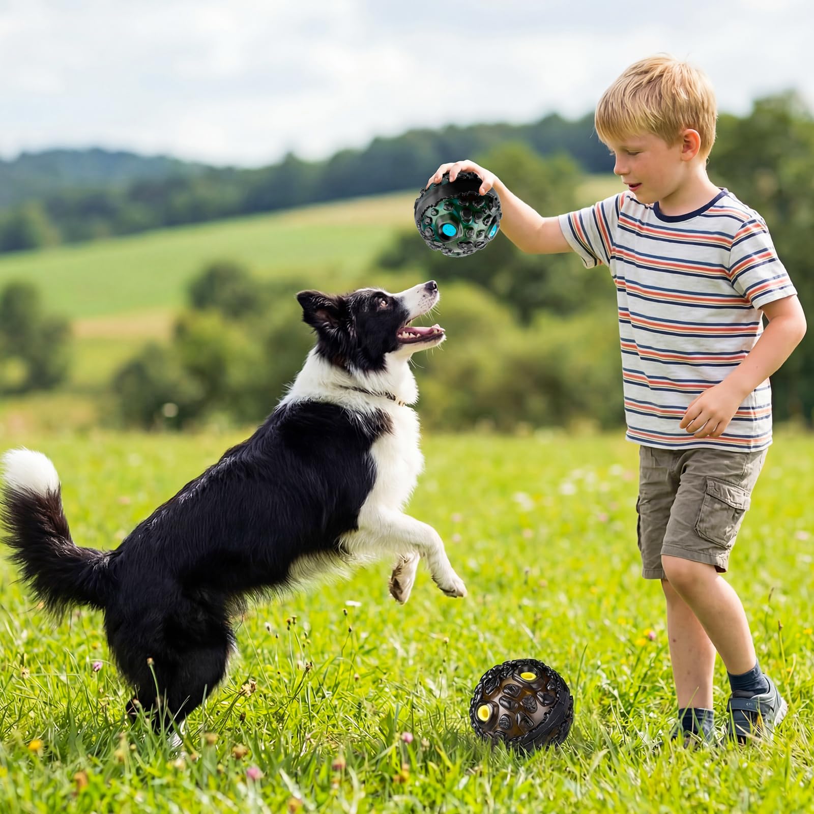 Honoson Lot de 4 balles à mâcher agressives pour chien – Jouet interactif indestructible avec rire qui couine – Jouet à mâcher en caoutchouc élastique pour chiens de petite, moyenne et grande taille