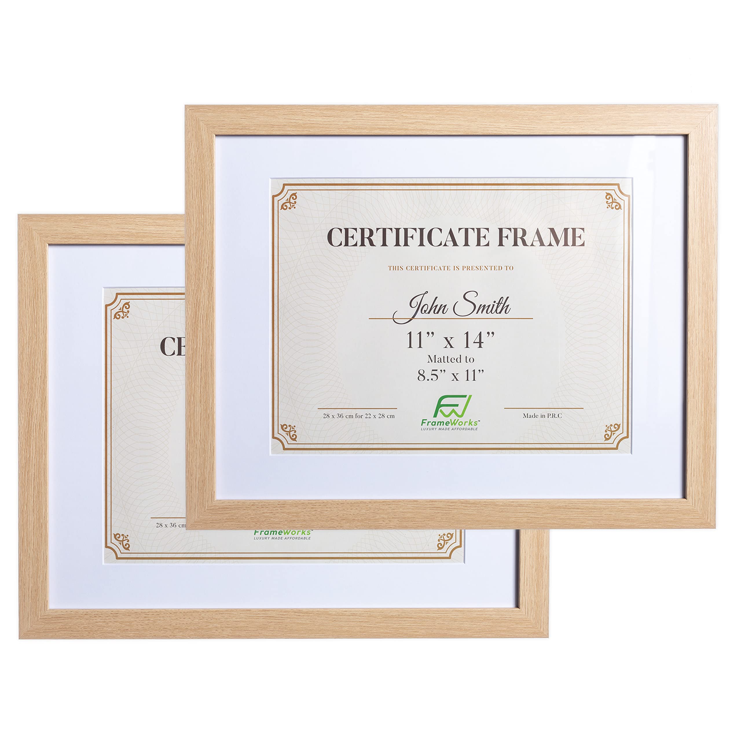 FrameWorks 11x14 mat to 8.5x11 Classic Wooden Document Frames Tempered Glass/Natural Oak / 2-Pack