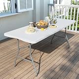 Foldable Table 6ft&comma; Plastic Folding Table&comma; Portable Heavy Duty Dining Table with Lock Function & Carrying Handle&comma; Outdoor Indoor Foldable White Table for Camping Party Picnic
