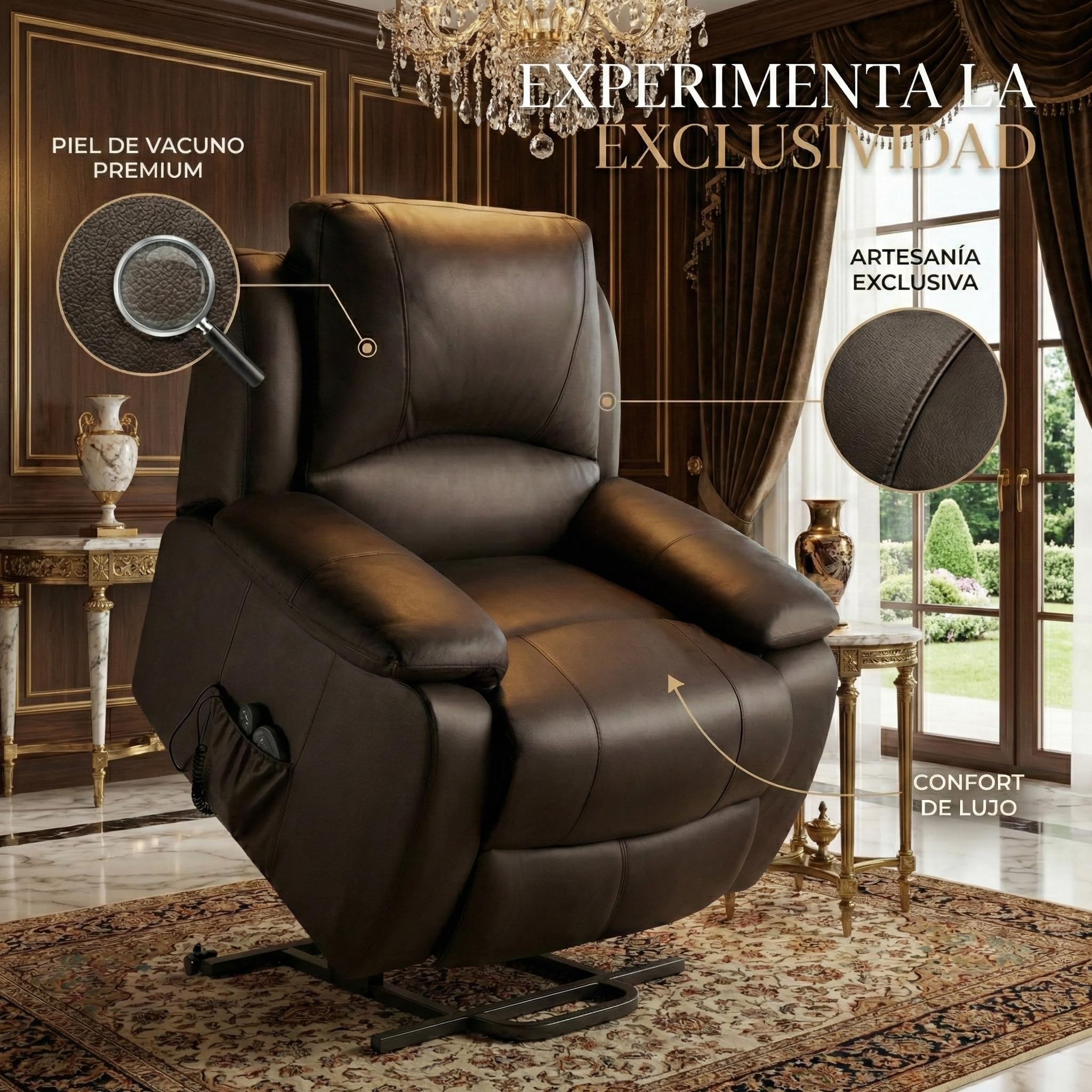 ECODE® Sillón Reclinable de Piel de Vacuno con Masaje y Calor Lumbar - Levantapersonas Eléctrico para Mayor Confort Diario en Personas Mayores Ideal para Ver TV