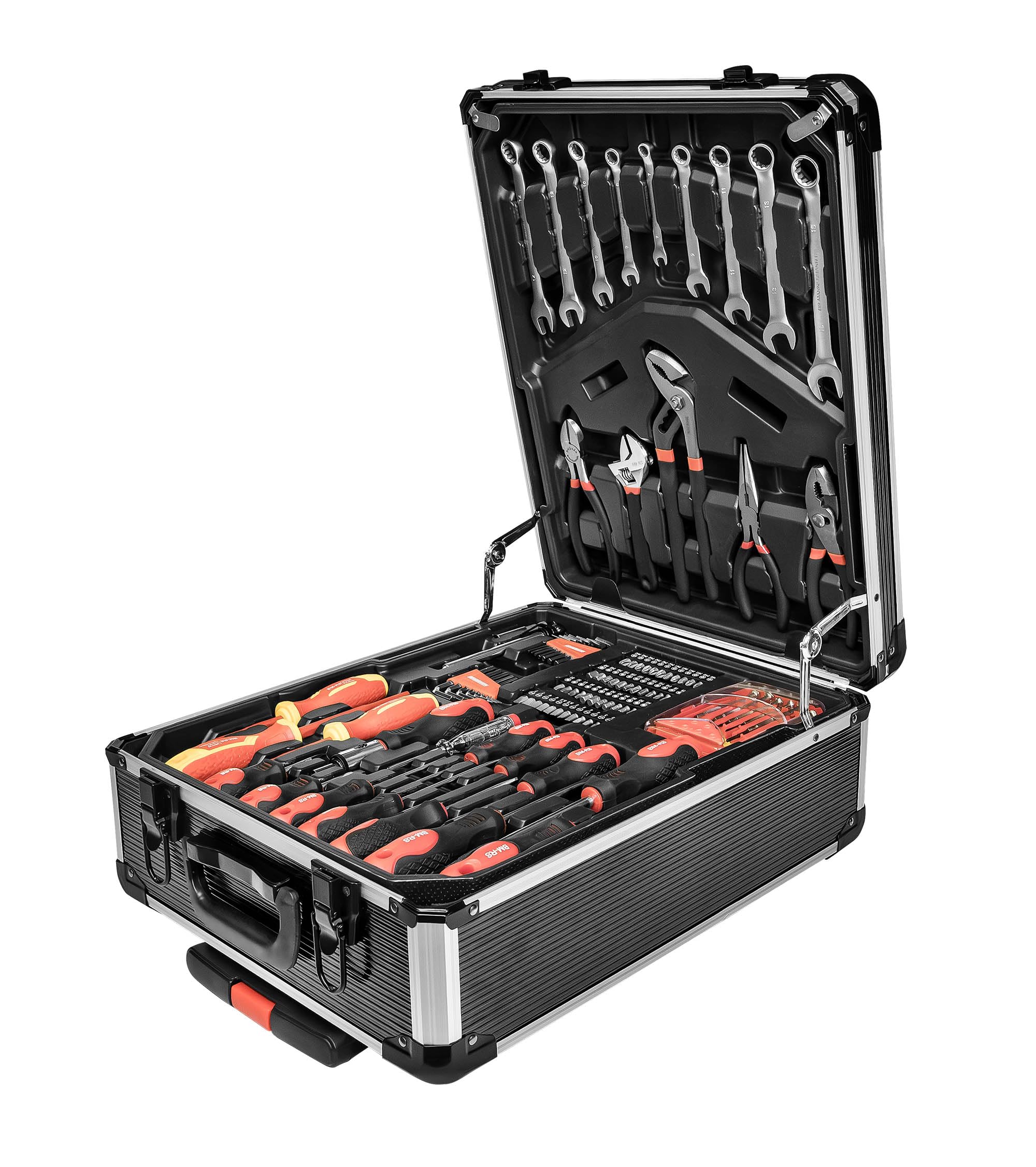 Brüder Mannesmann M29098 - Valigetta degli attrezzi portatile con set di chiavi a bussola, pinze, cacciaviti, pistola per colla a caldo, martello, livella e punte