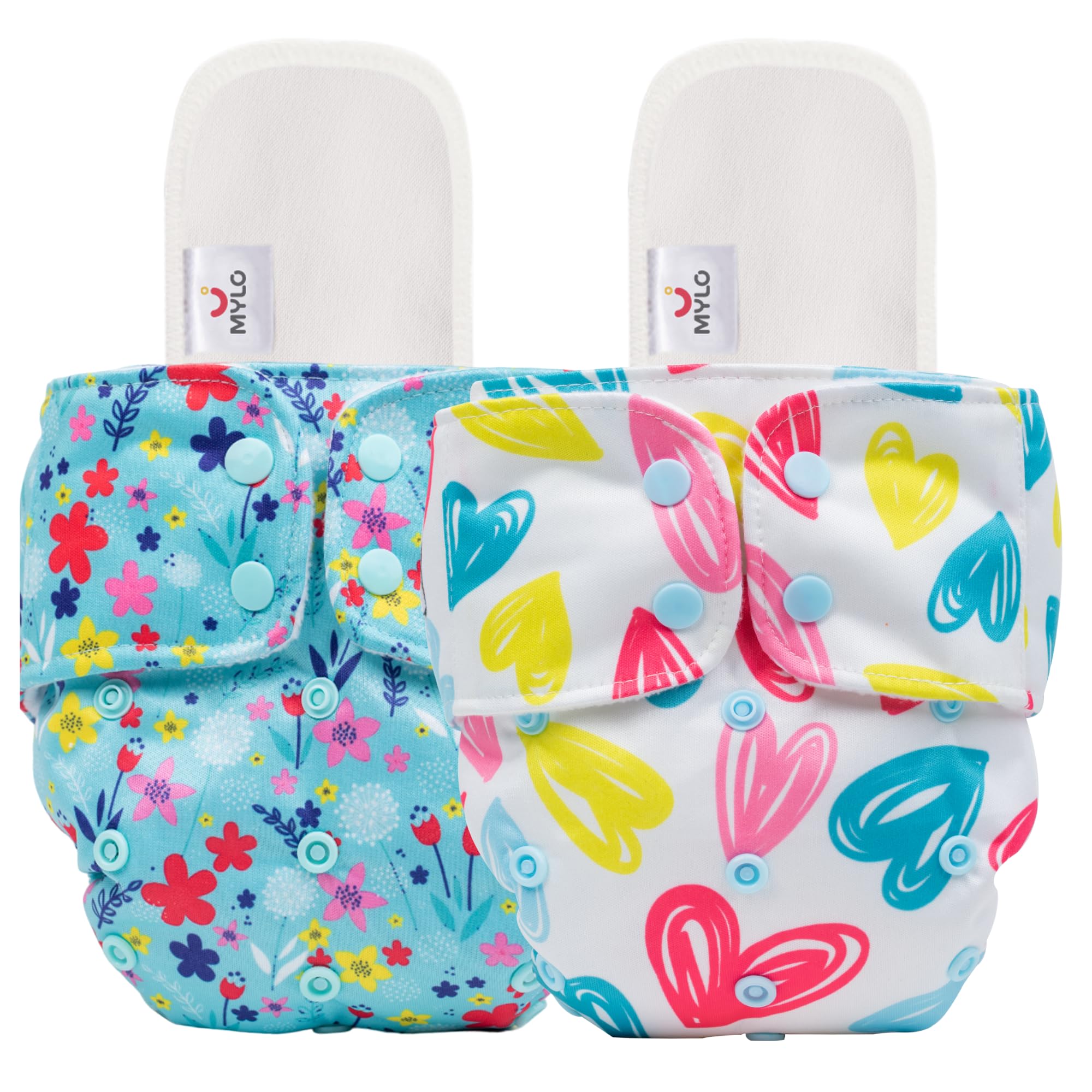Mylo Leak-Proof Baby Cloth Diaper Combo (2 Diapers + 2 Inserts) | Free Size (3M-3Y) | High Absorption | Quick Dry | Oeko-Tex Certified | Washable - Floral & Heart-image-4