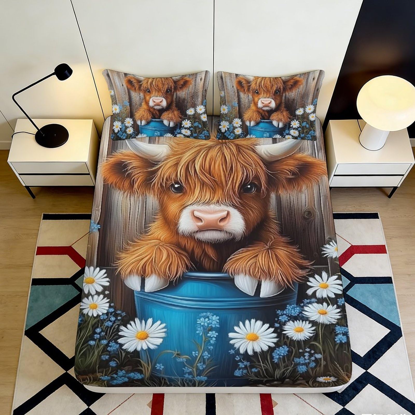 3D Printed Highland Cow Fitted Sheet Microfiber Soft Anti-Slip Daisy Flower Bed Cover for Bedroom Guest Room Decor 90x200x25cm