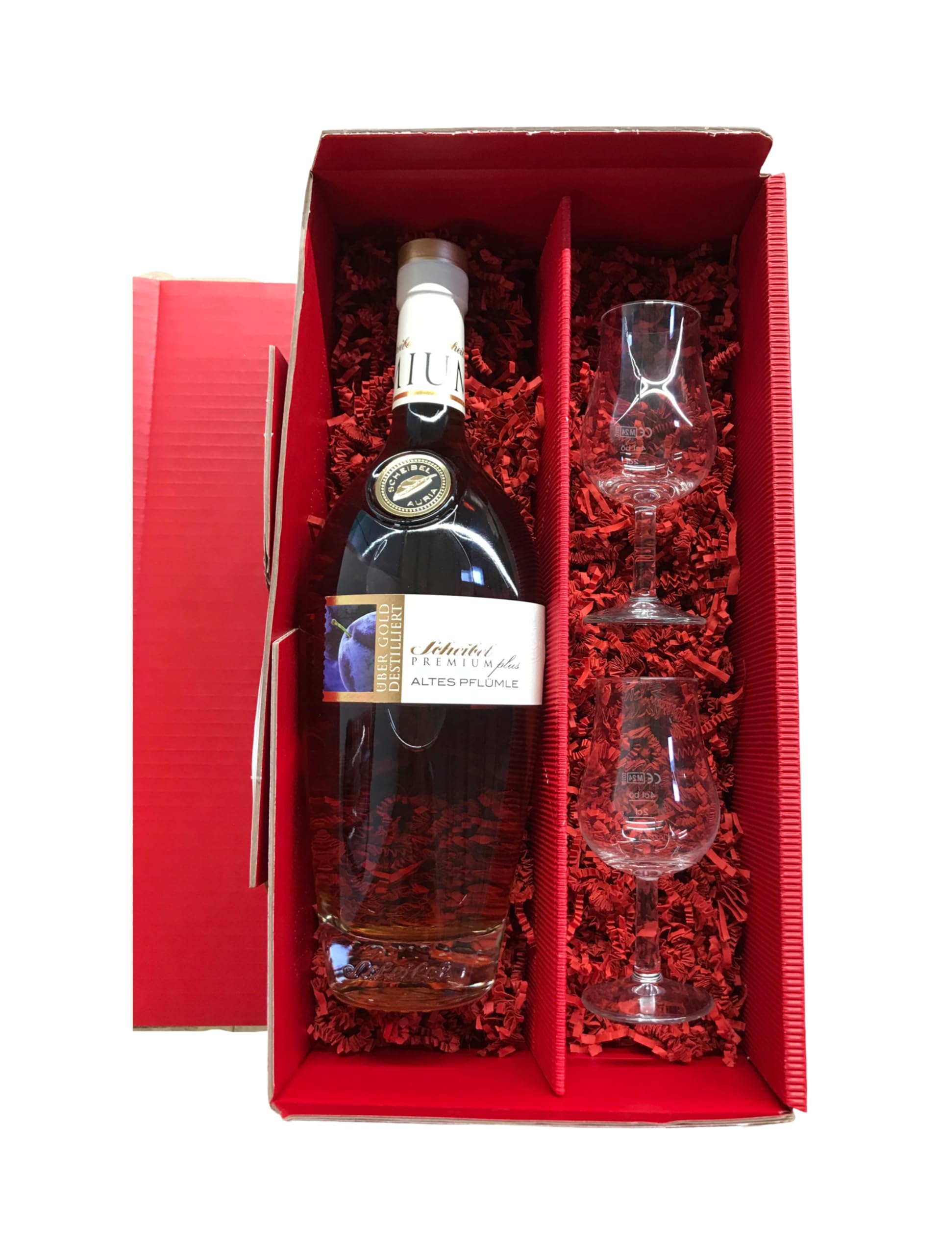 Scheibel PREMIUMplus Altes Pflümle | Mit 2 Tasting-Gläsern | 700 ml | 43% Vol. | Feines Pflaumenaroma mit Noten von Zitrus, weißer Schokolade & Orange (Geschenkkarton rot, Tastingglas)