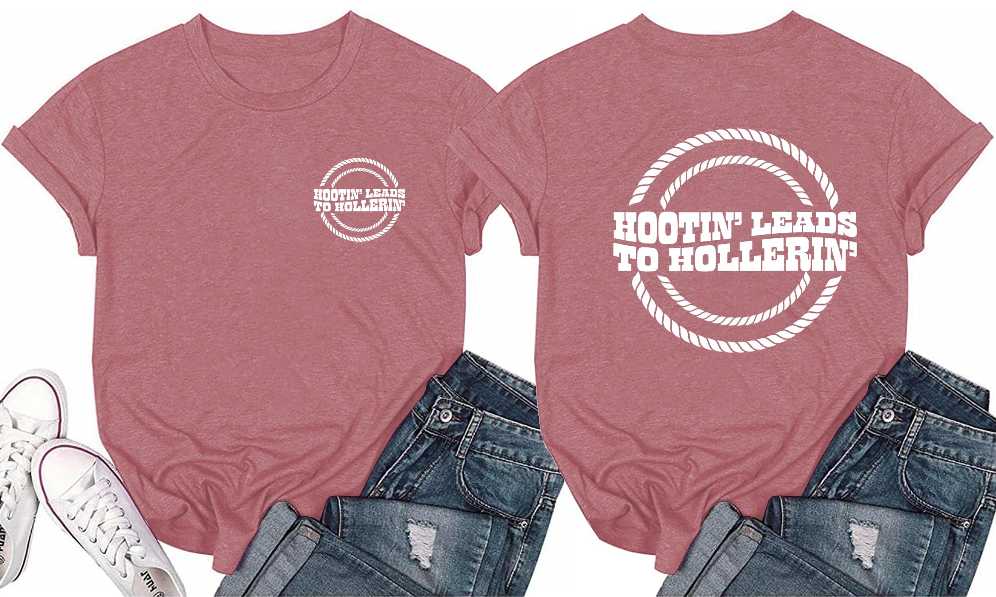 RUSASKO Womens (Front Back Print) Hootin' Leads to Hollerin' Novelty Graphic T Shirt Tees Tops