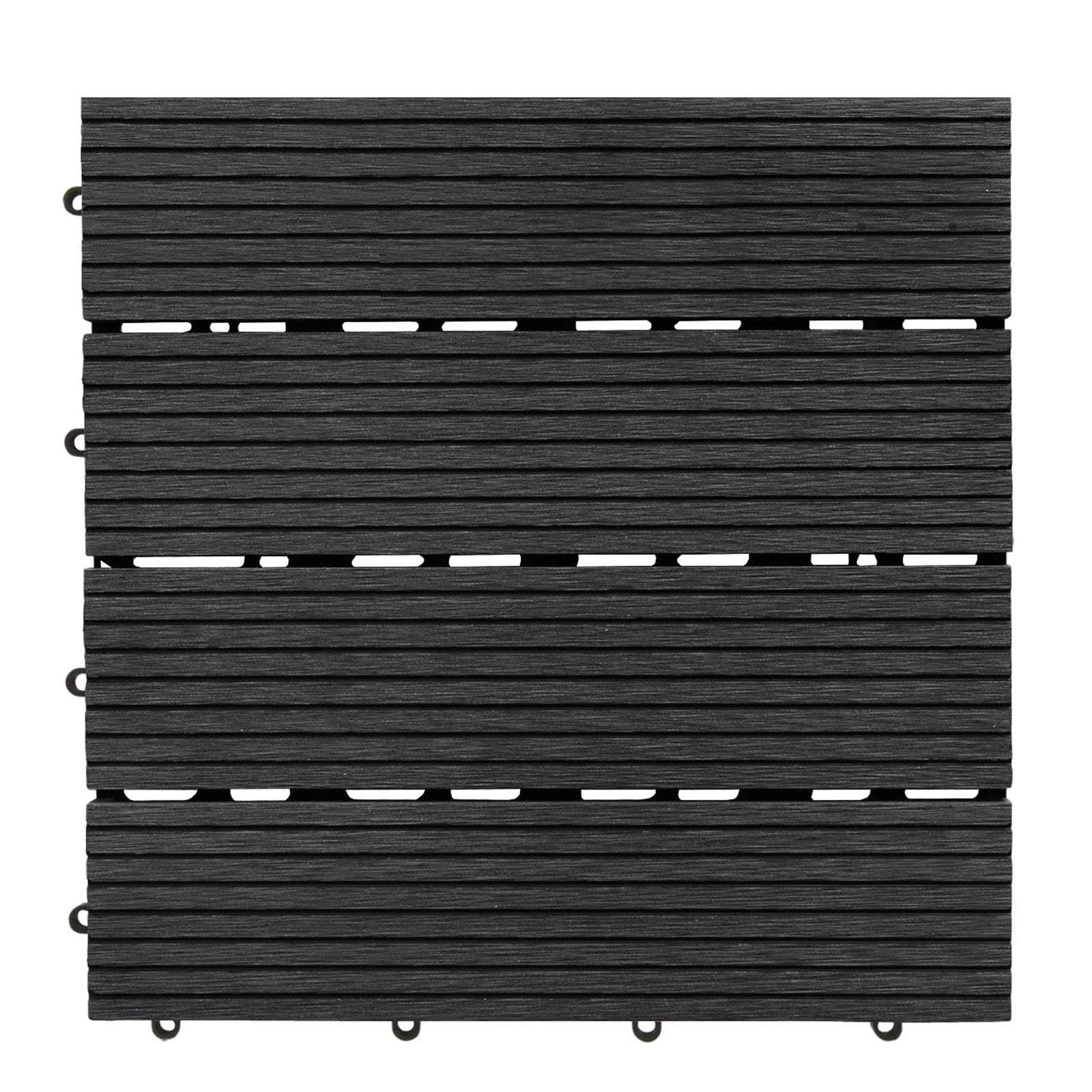 Floordirekt WPC Fliesen 30x30 cm, 1m² = 11 Terrassenfliesen, Klickfliesen, Balkonfliesen in Holzoptik - Bodenbelag für Balkon & Terrasse - wetterfest mit Drainagefunktion | Anthrazit | Royal