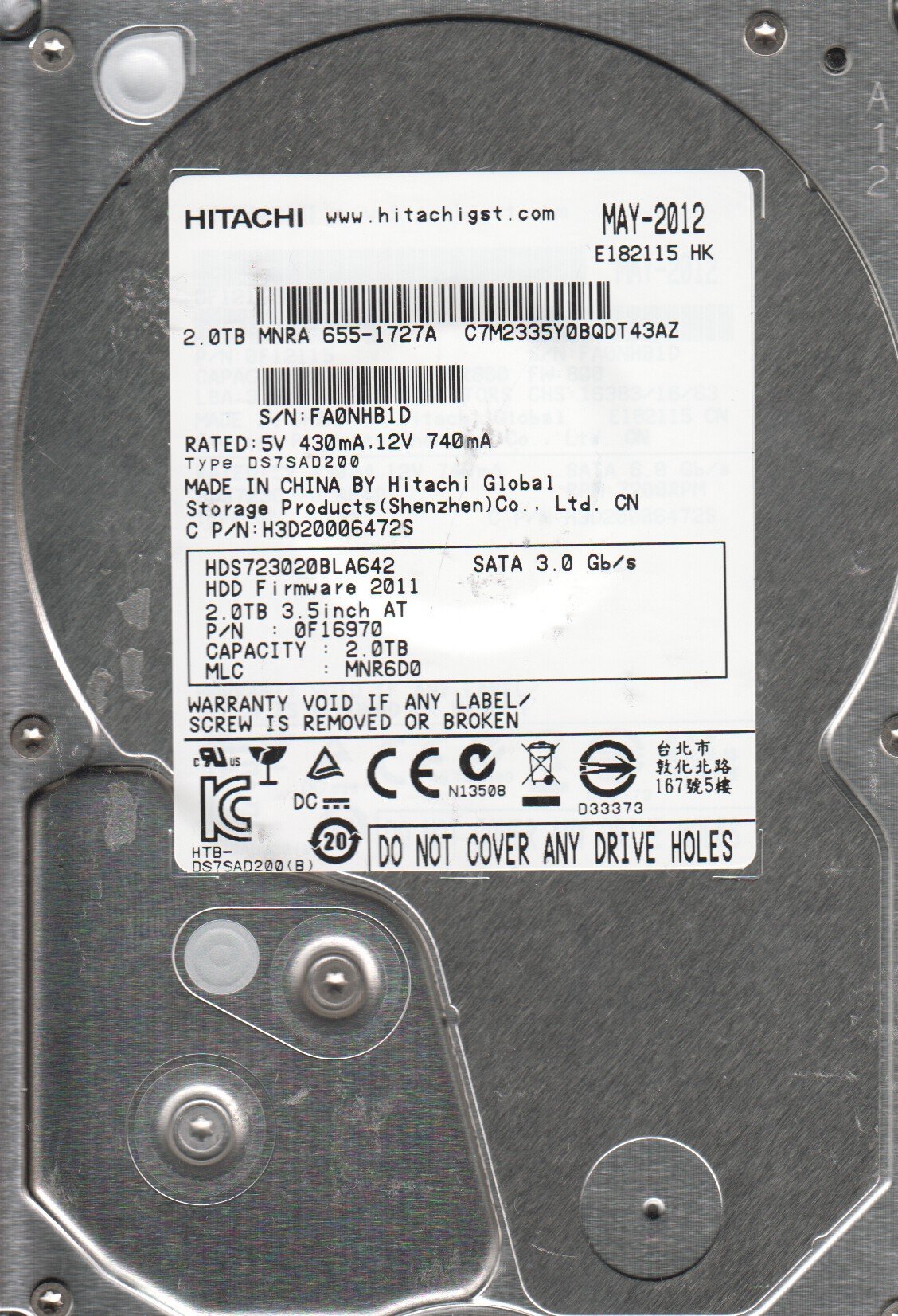 外付けハードディスク・ドライブ HITACHI HDS500L HDD HDS723020BLA642 Amazon | hds723020bla642、PN 0 F16970、MLC mnr6d0、Hitachi 2tb