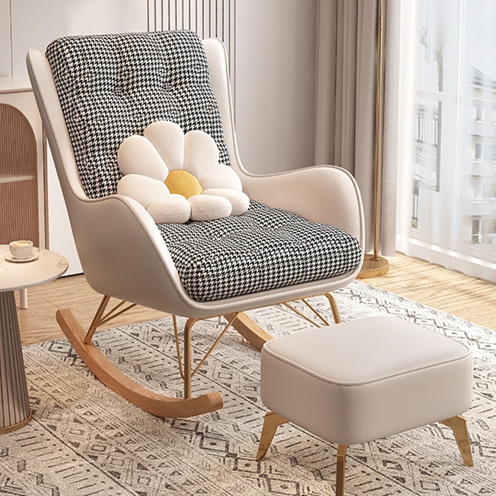 Genérico Elegante Mecedora Blanca con otomana: cómoda Silla Mecedora tapizada para Sala de Estar, con cojín Elevado para una máxima relajación.