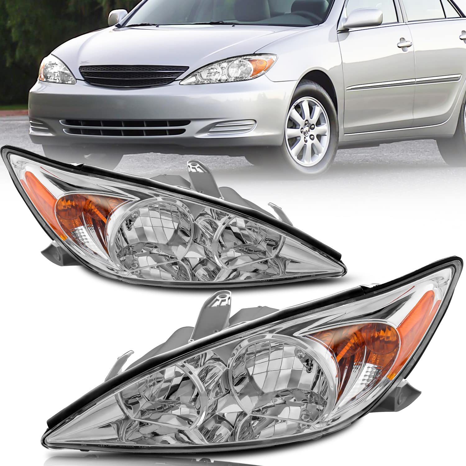 Photo 1 of MOSTPLUS Headlight Assembly Compatible with 2002 2003 2004 Toyota Camry Front Lamp with Chrome Housing/Clear Lens/Amber Reflector OE Style Chrome/Clear/Amber