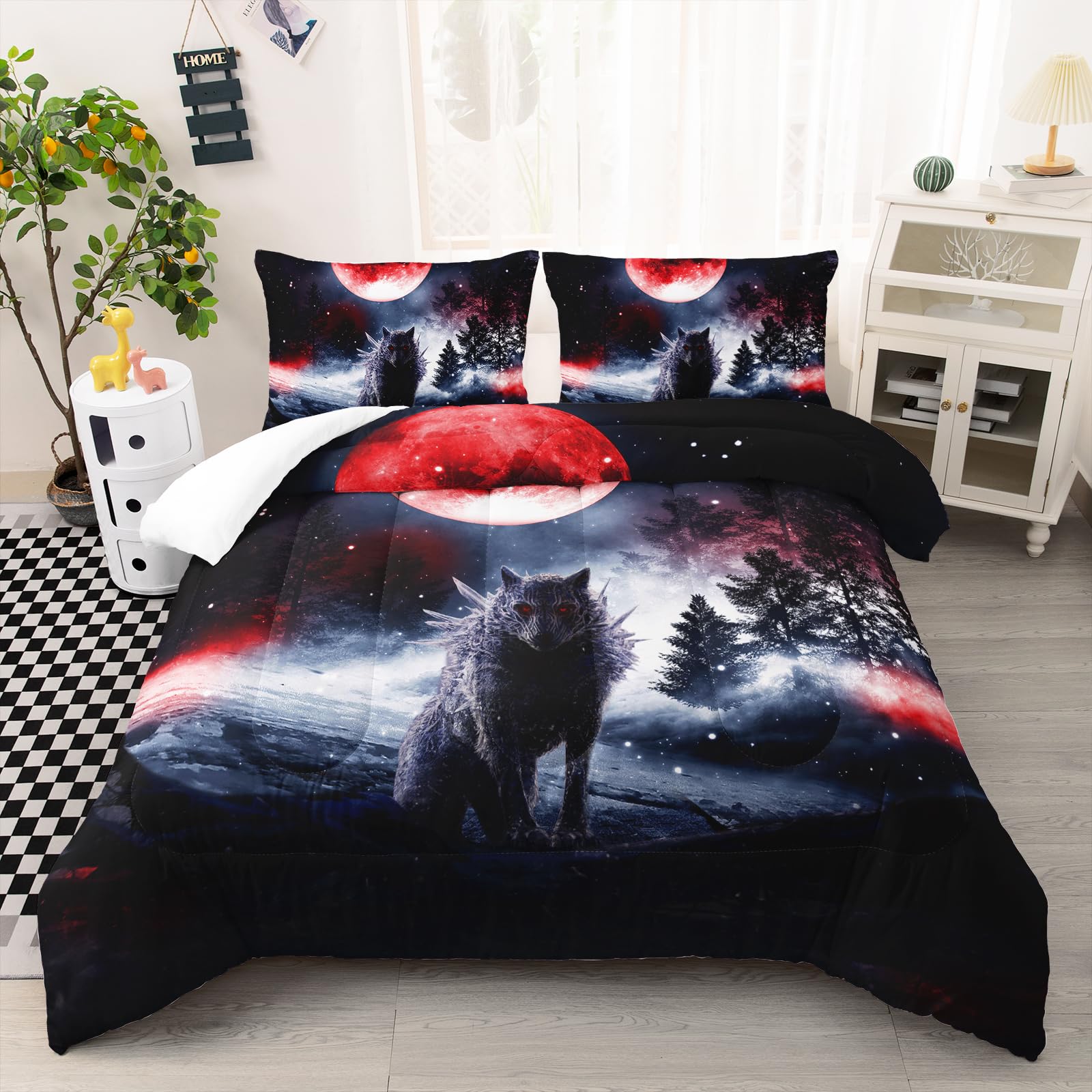 AILONEN Outdoors Wolf Comforter Set Full Size, Evening Snowfield Red Moon Wolf Bedding Set,Wild Aminal 3D Print Duvet Set 3 Pieces, 1 Quilt + 2