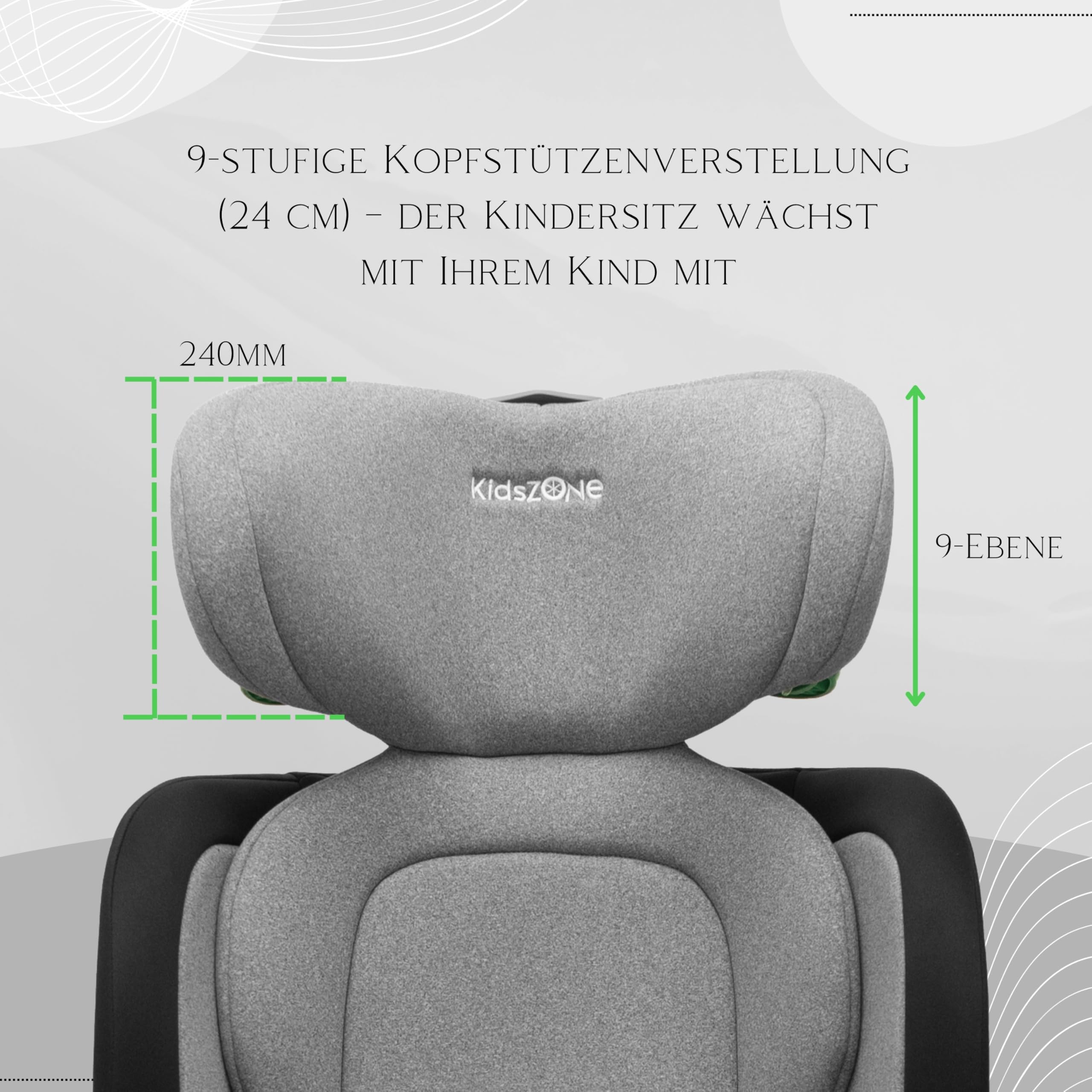 KidsZone Kindersitz 15–36 kg mit Isofix – Kinderautositz Gruppe 2/3, 100–150 cm – Kindersitz ab 4 Jahre i-Size ECE R129 – 7-stufige Neigung, 9-stufige Kopfstütze, waschbarer Bezug